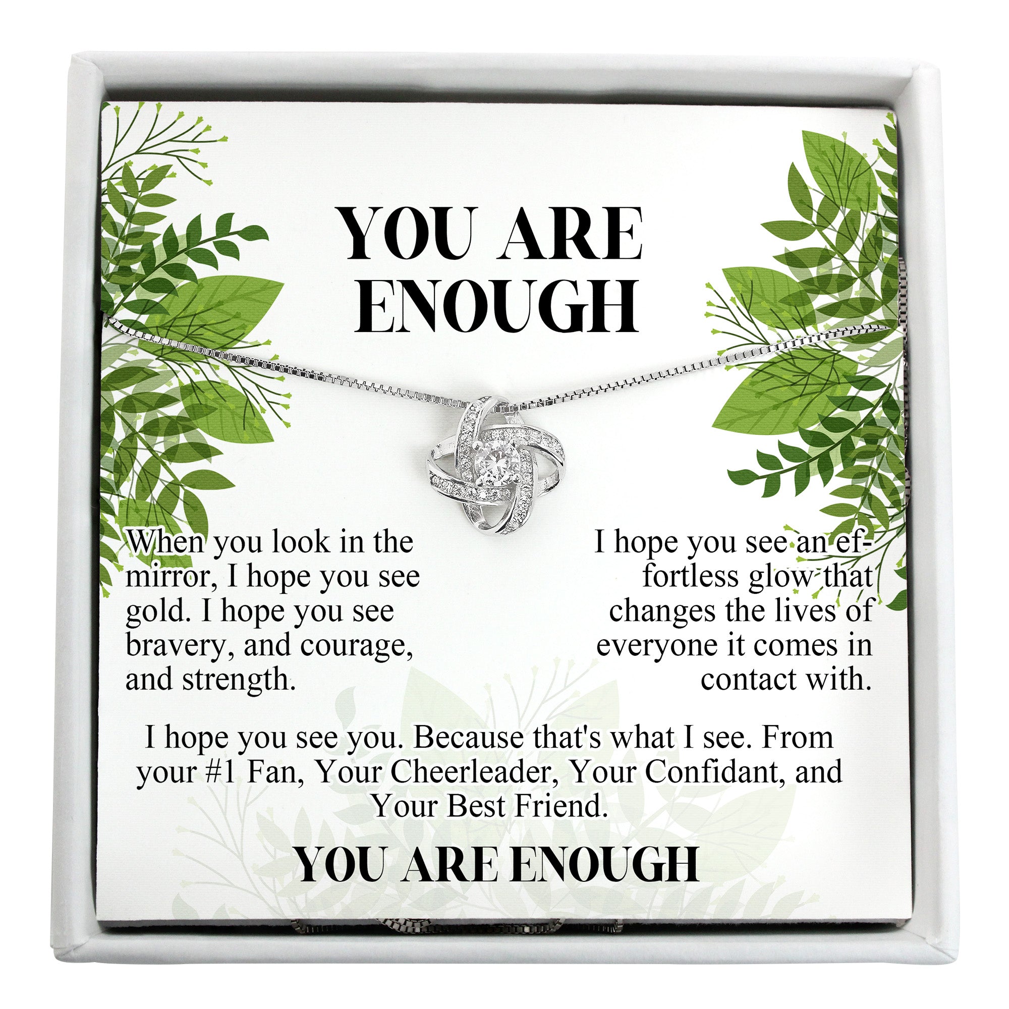 "You Are Enough: Personalized Message Card Necklace with Inspirational Knot Pendant - Perfect Gift for Loved Ones" - Image 1