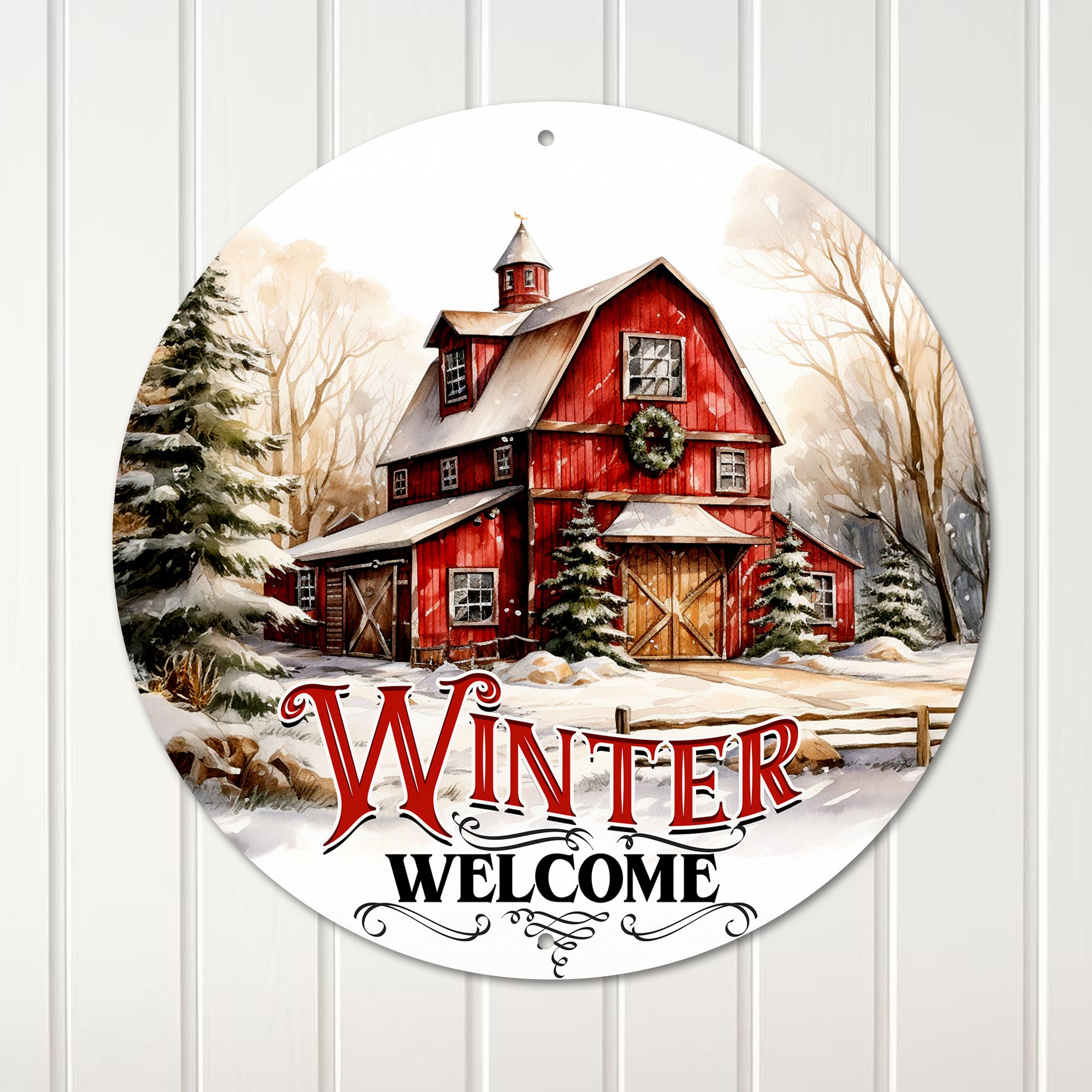 Personalized Winter Welcome Metal Sign – Rustic Red Barn Scene, Perfect Holiday Décor Gift - Image 1