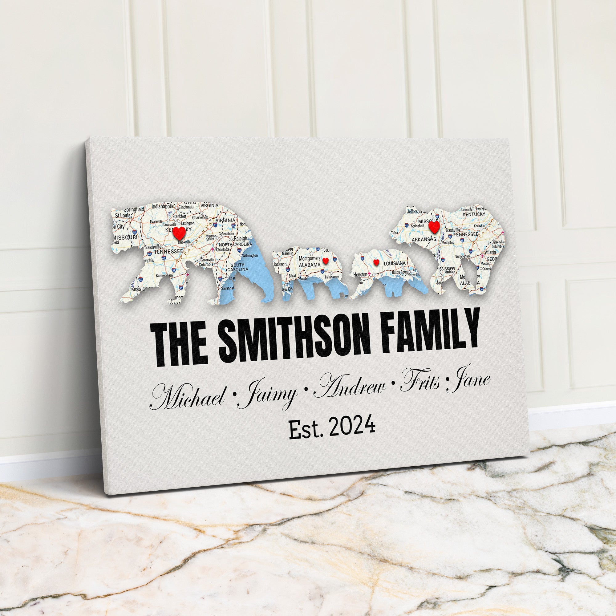 Custom Family Map Bear Canvas: Personalized Wall Art for Families - Perfect Gift for Celebrating New Beginnings - Image 1
