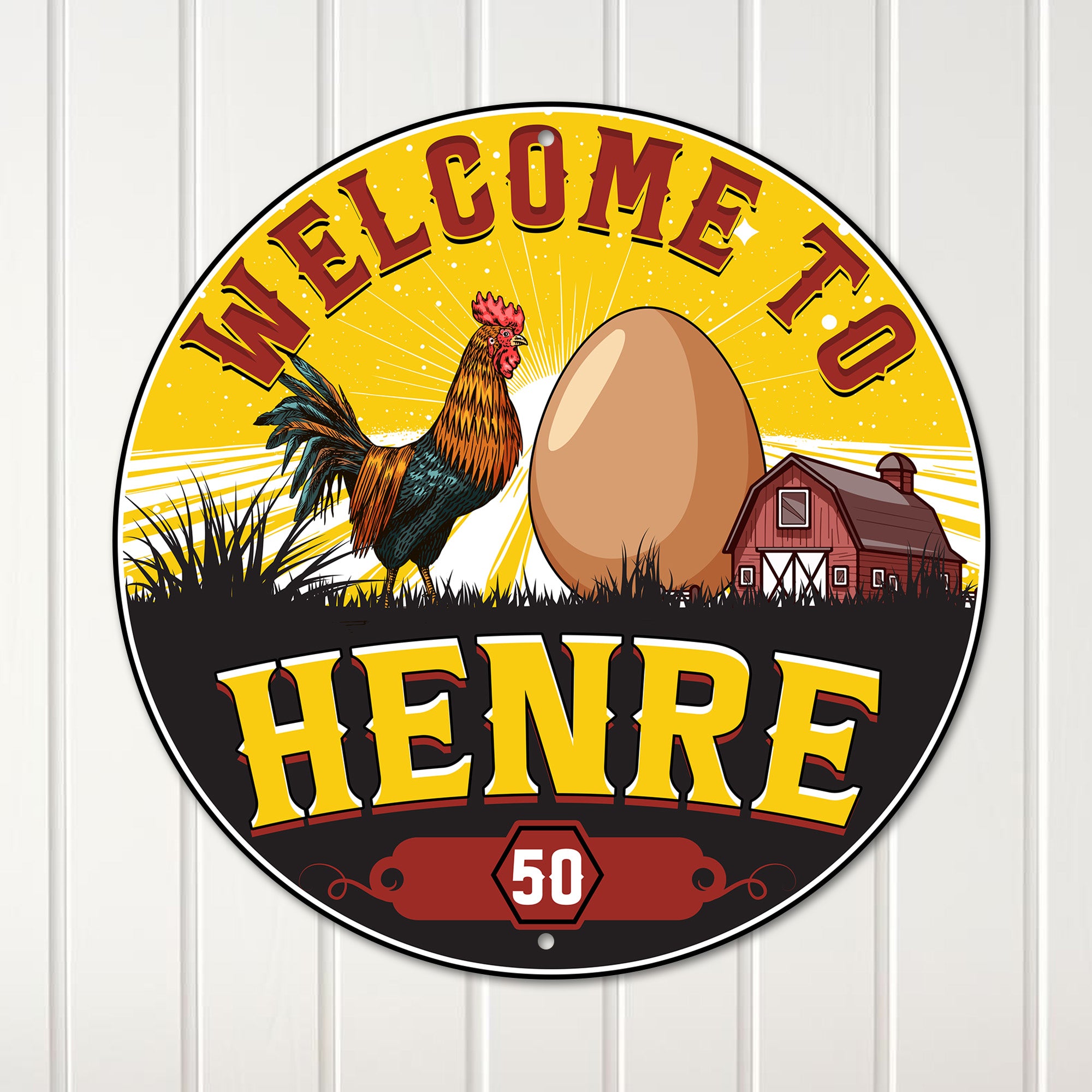 Personalized Farmhouse Metal Sign – Handmade Round Plaque with Rooster & Egg Design, Perfect for Home Decor and Gift-Giving - Image 1