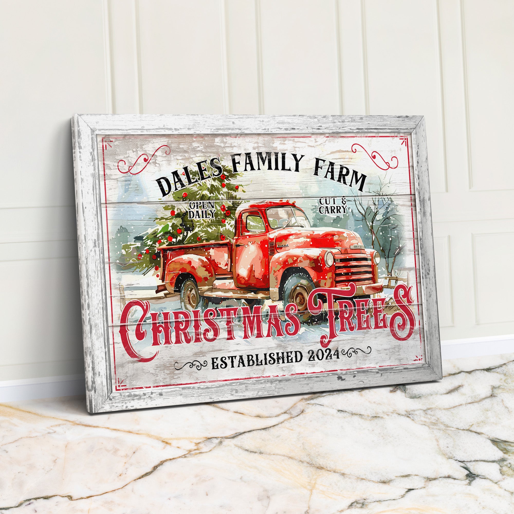 Personalized Rustic Christmas Tree Farm Canvas Art – Custom Family Name, Vintage Truck Design, Perfect Holiday Gift - Image 1