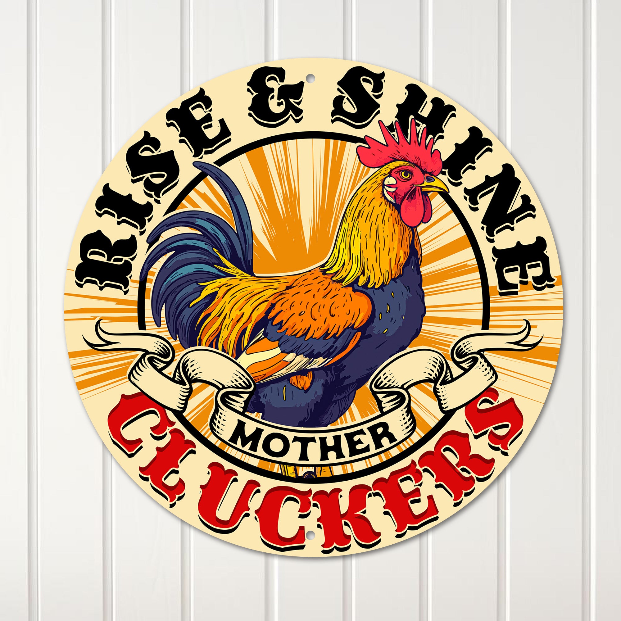 Personalized Rustic "Rise & Shine Mother Cluckers" Metal Sign – Vibrant Rooster Decor for Kitchens & Gift-Giving - Image 1