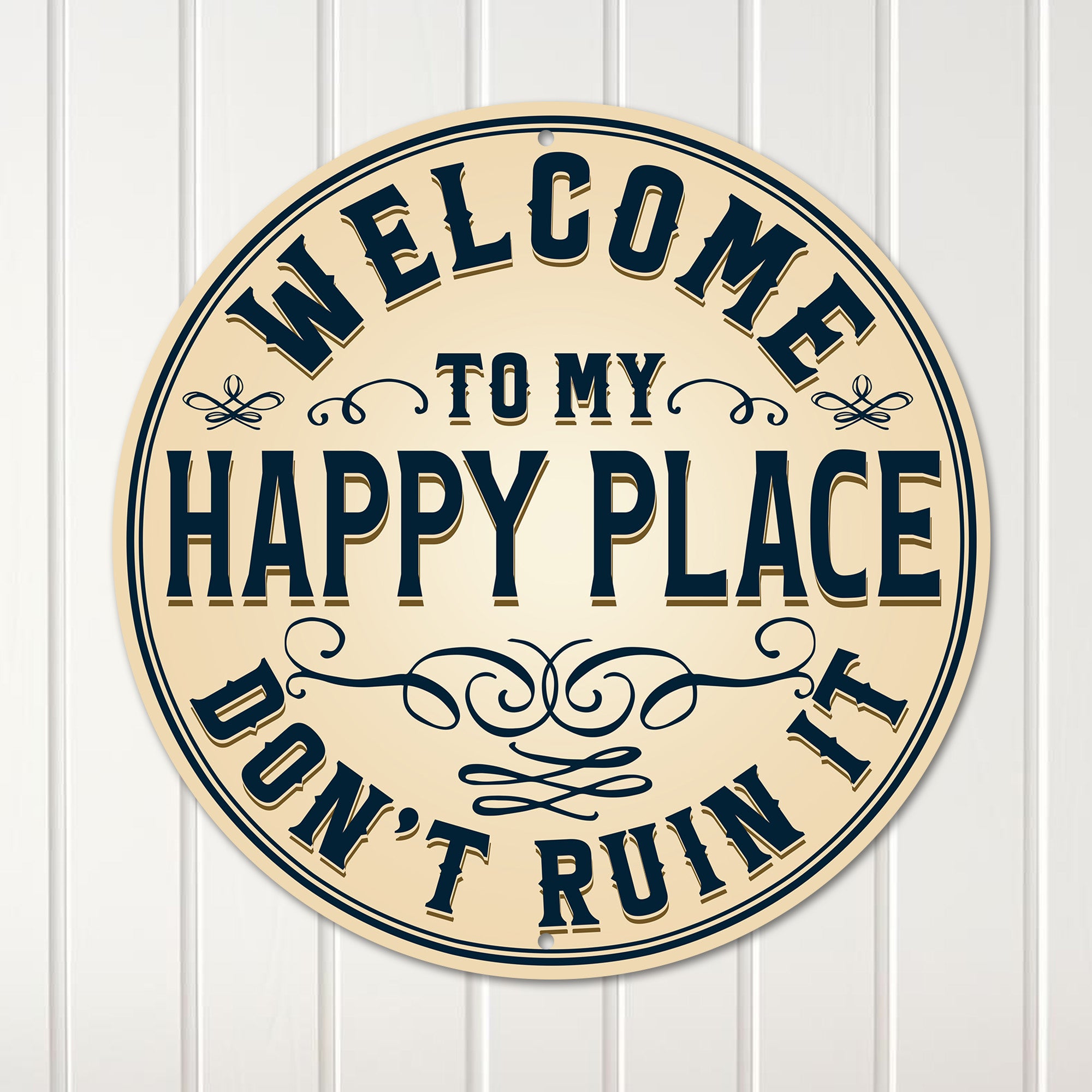 Personalized Round Metal Welcome Sign - "Happy Place" Rustic Wall Art for Home, Gift for New Homeowners - Image 1