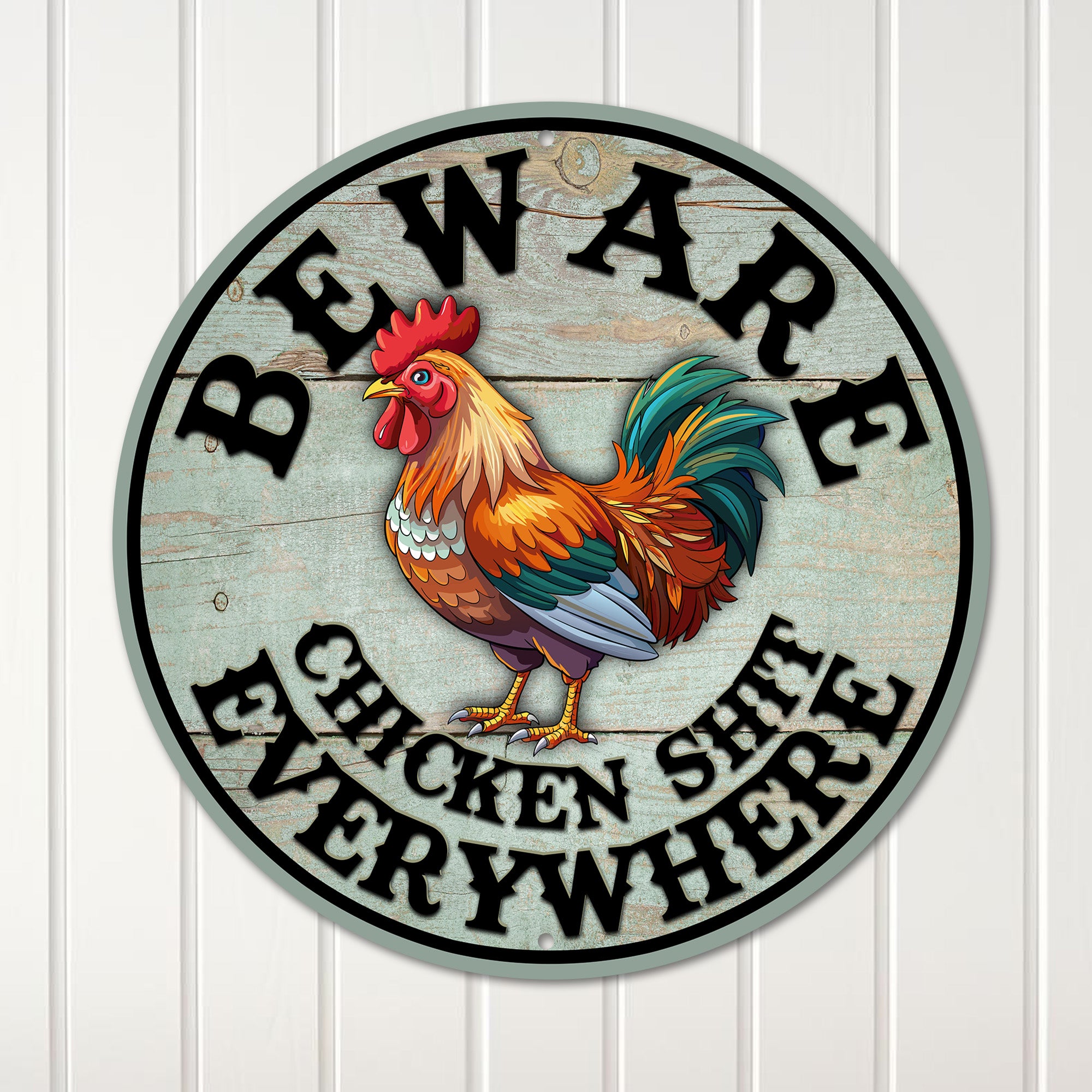 Rustic Round Metal Chicken Warning Sign - Personalized Farmhouse Decor for Chickens Lovers - Perfect Gift for Country Home Enthusiasts - Image 1