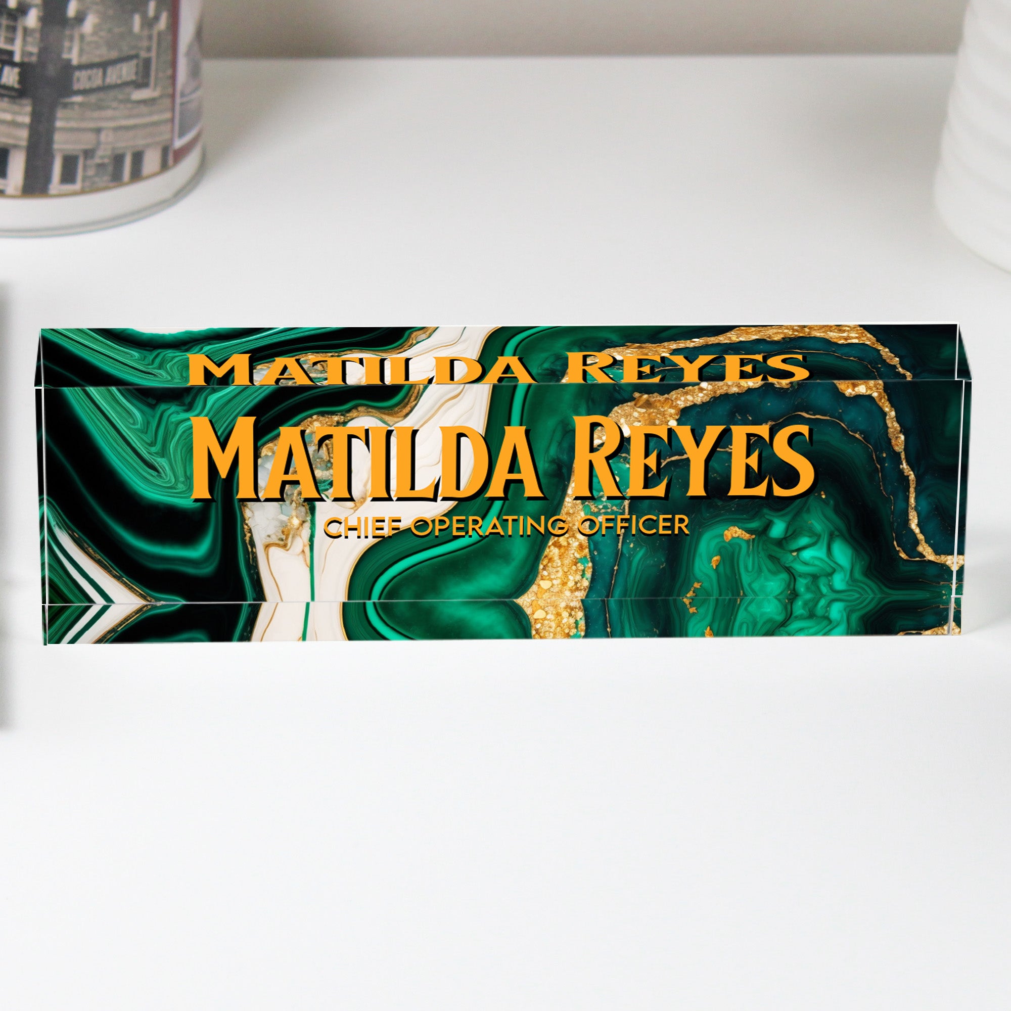 Personalized Acrylic Desk Block with Emerald Marble Design for Executive Gift Giving – Custom Engraved Nameplate - Image 1