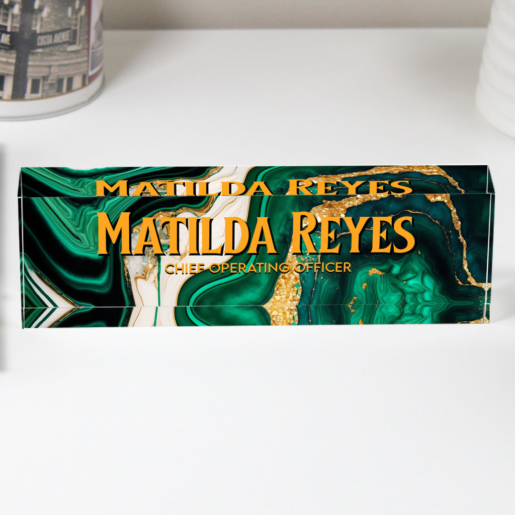 Personalized Acrylic Desk Block with Emerald Marble Design for Executive Gift Giving – Custom Engraved Nameplate - Image 1