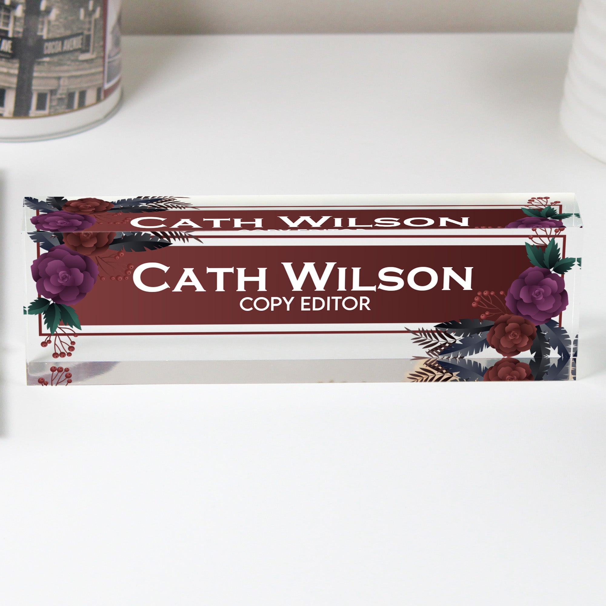 Personalized Floral Acrylic Desk Name Block - Elegant Custom Gift for Copy Editors & Professionals - Image 1