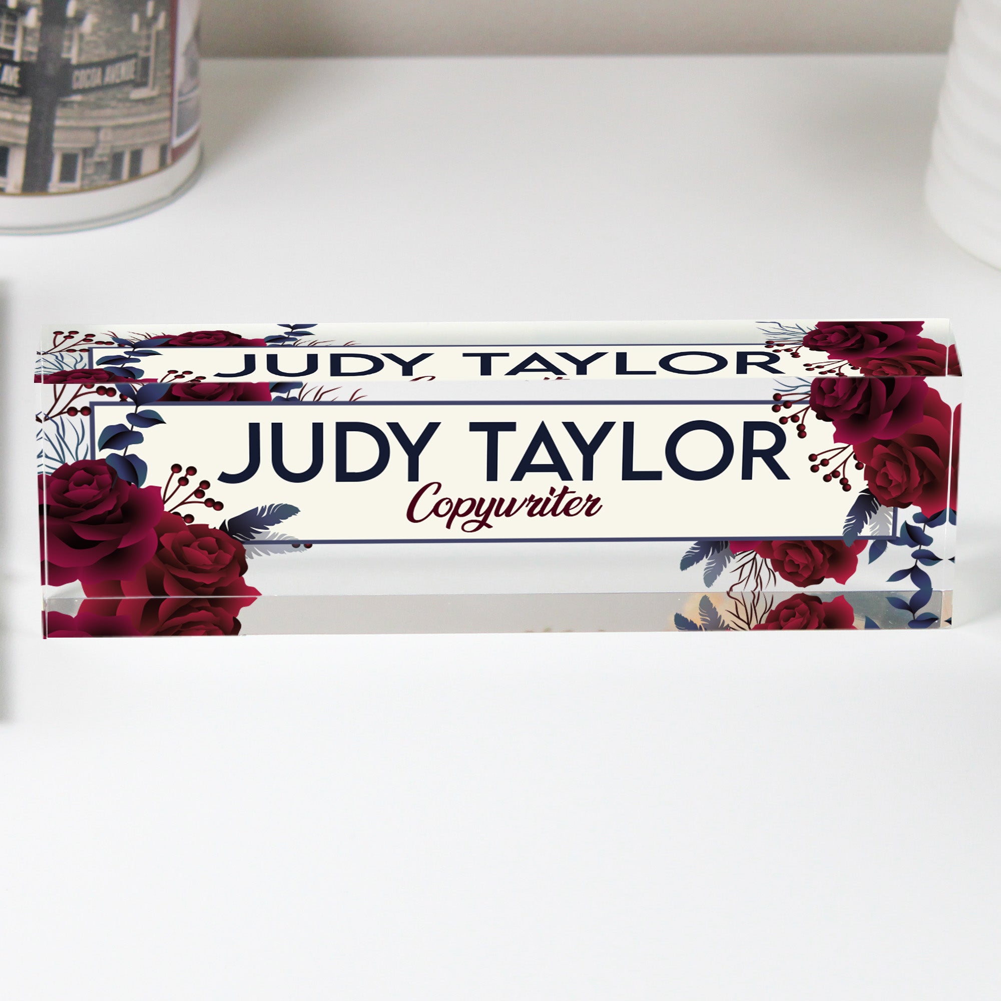 Personalized Acrylic Desk Block with Floral Design - Custom Nameplate for Elegant Office Decor and Thoughtful Gift - Image 1
