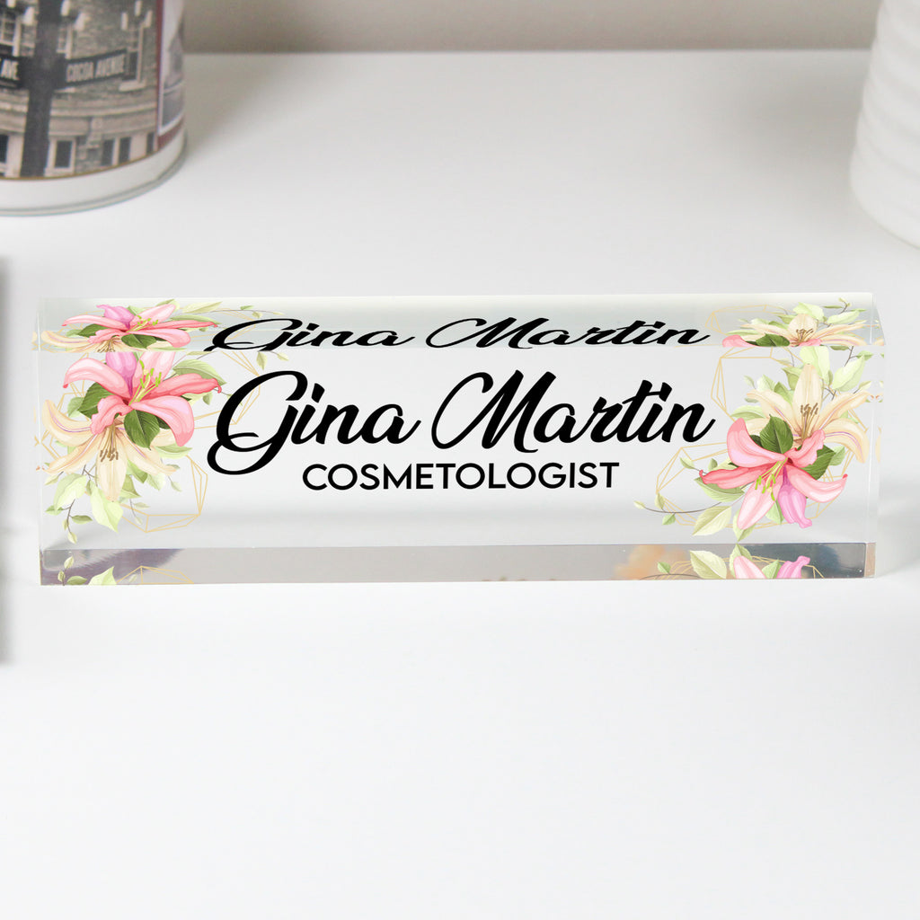 Personalized Acrylic Desk Block with Floral Design - Custom Name Sign for Cosmetologists and Beauty Professionals - Image 1