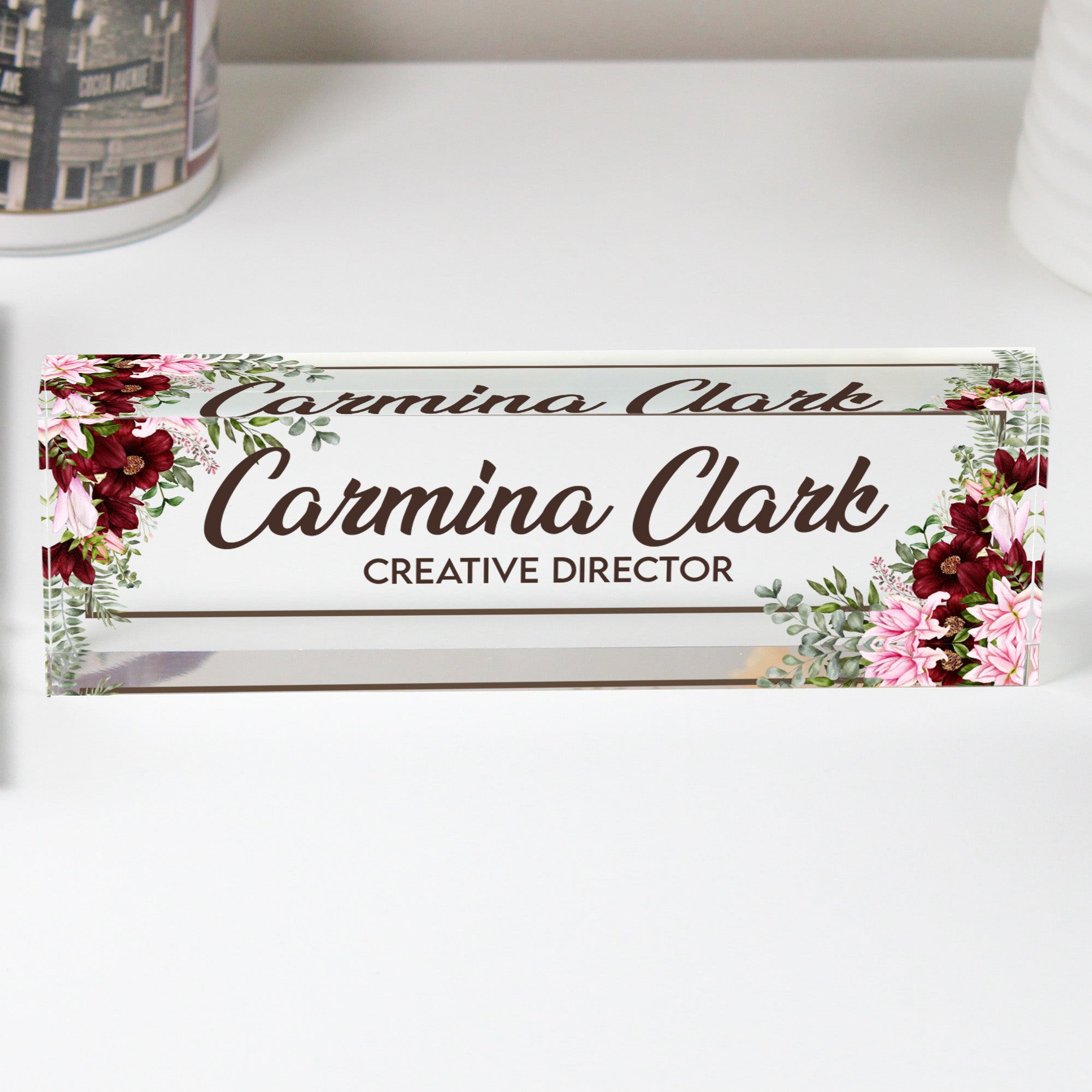 Elegant Personalized Acrylic Desk Name Plate with Floral Design – Perfect Custom Gift for Creative Directors - Image 1