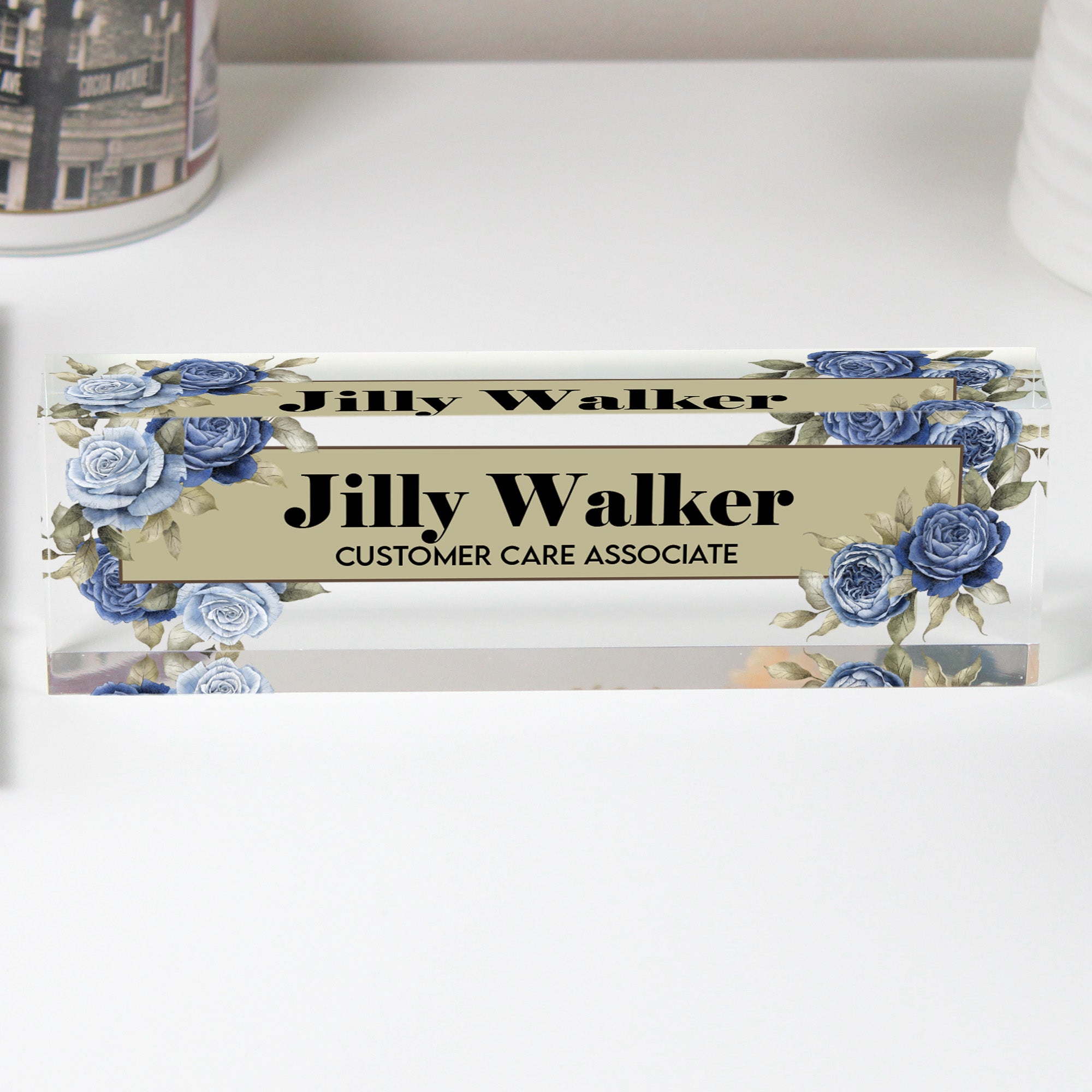 Personalized Acrylic Desk Block with Floral Design - Custom Nameplate for Office or Home Décor - Image 1
