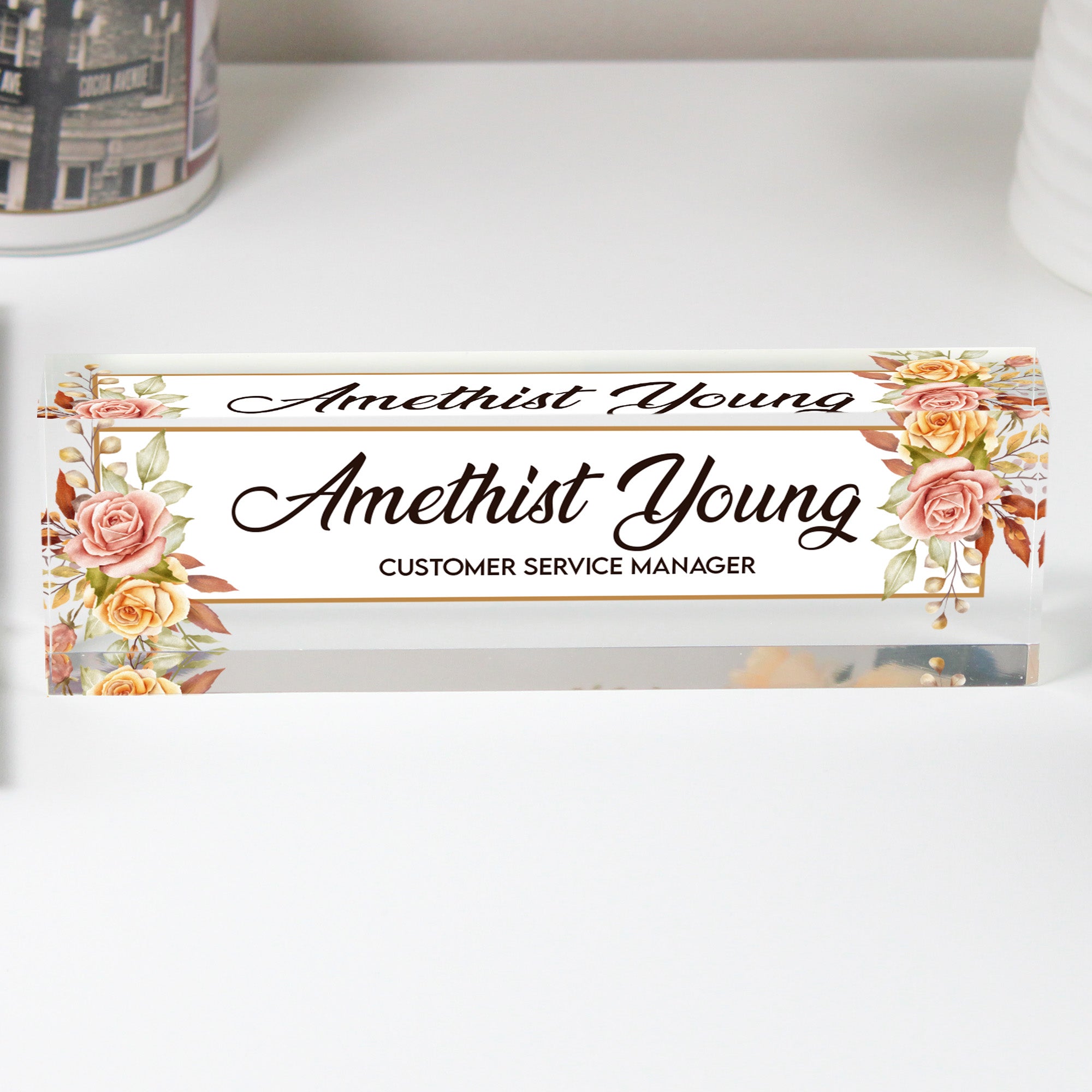 Personalized Floral Acrylic Desk Nameplate - Elegant Custom Gift for Office Decor, Moms, and Customer Service Managers - Image 1