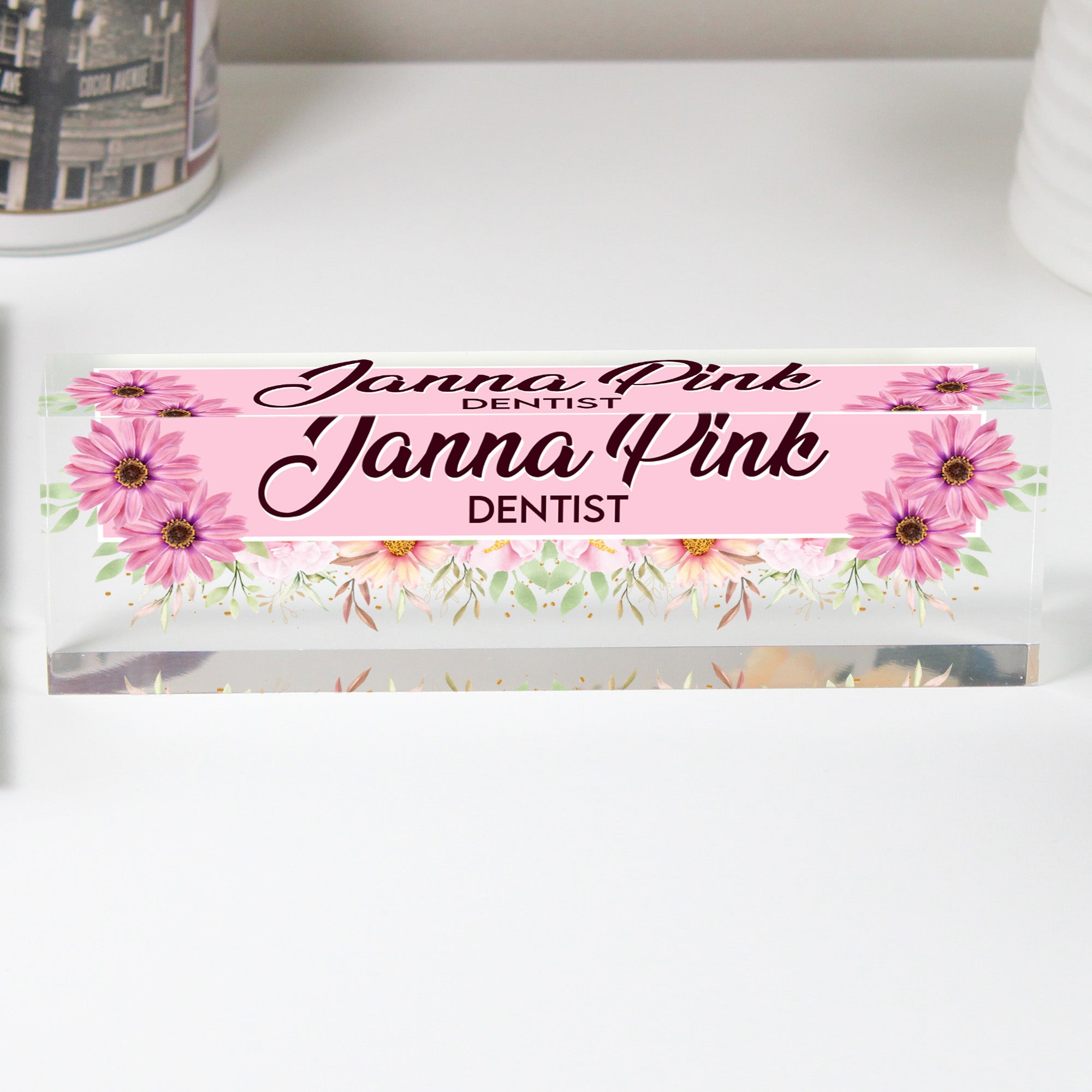 Personalized Floral Acrylic Desk Block Nameplate - Custom Gift for Dentists, Office Decor, and More - Image 1