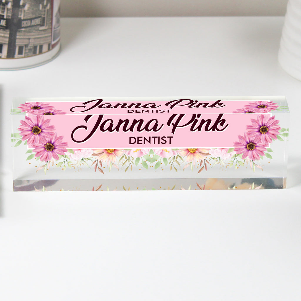 Personalized Floral Acrylic Desk Block Nameplate - Custom Gift for Dentists, Office Decor, and More - Image 1