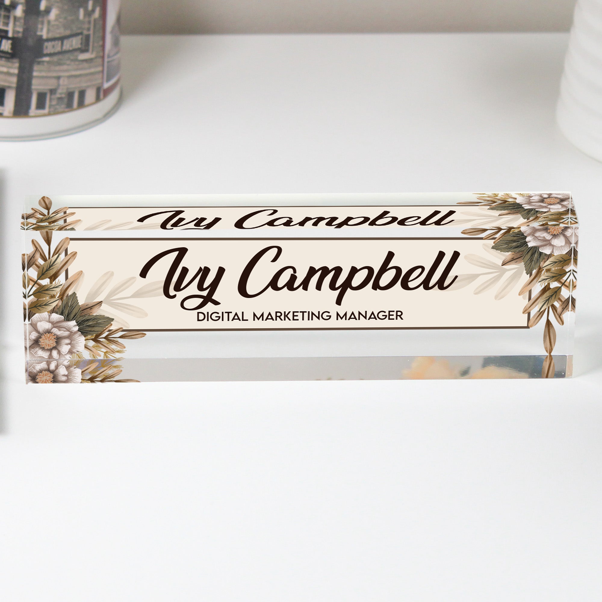 Personalized Acrylic Desk Block with Custom Name & Title - Elegant Floral Design for Office Decoration & Thoughtful Gift - Image 1