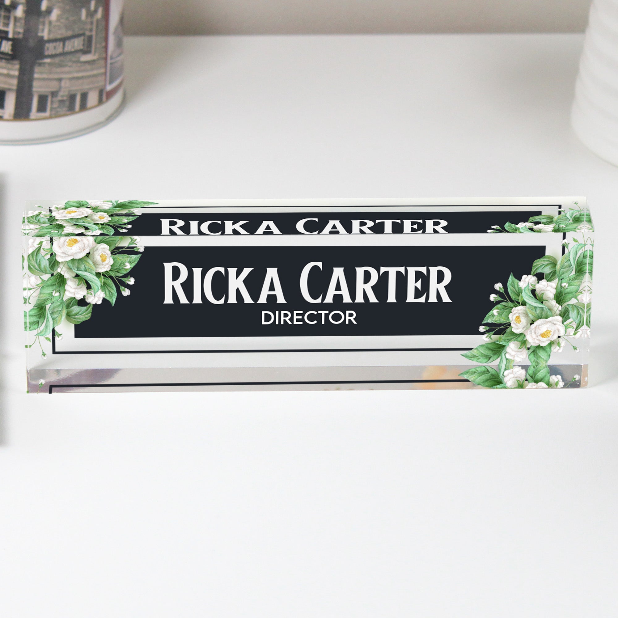 Personalized Floral Acrylic Desk Block - Custom Nameplate for Directors, Elegant Office Decor Gift - Image 1