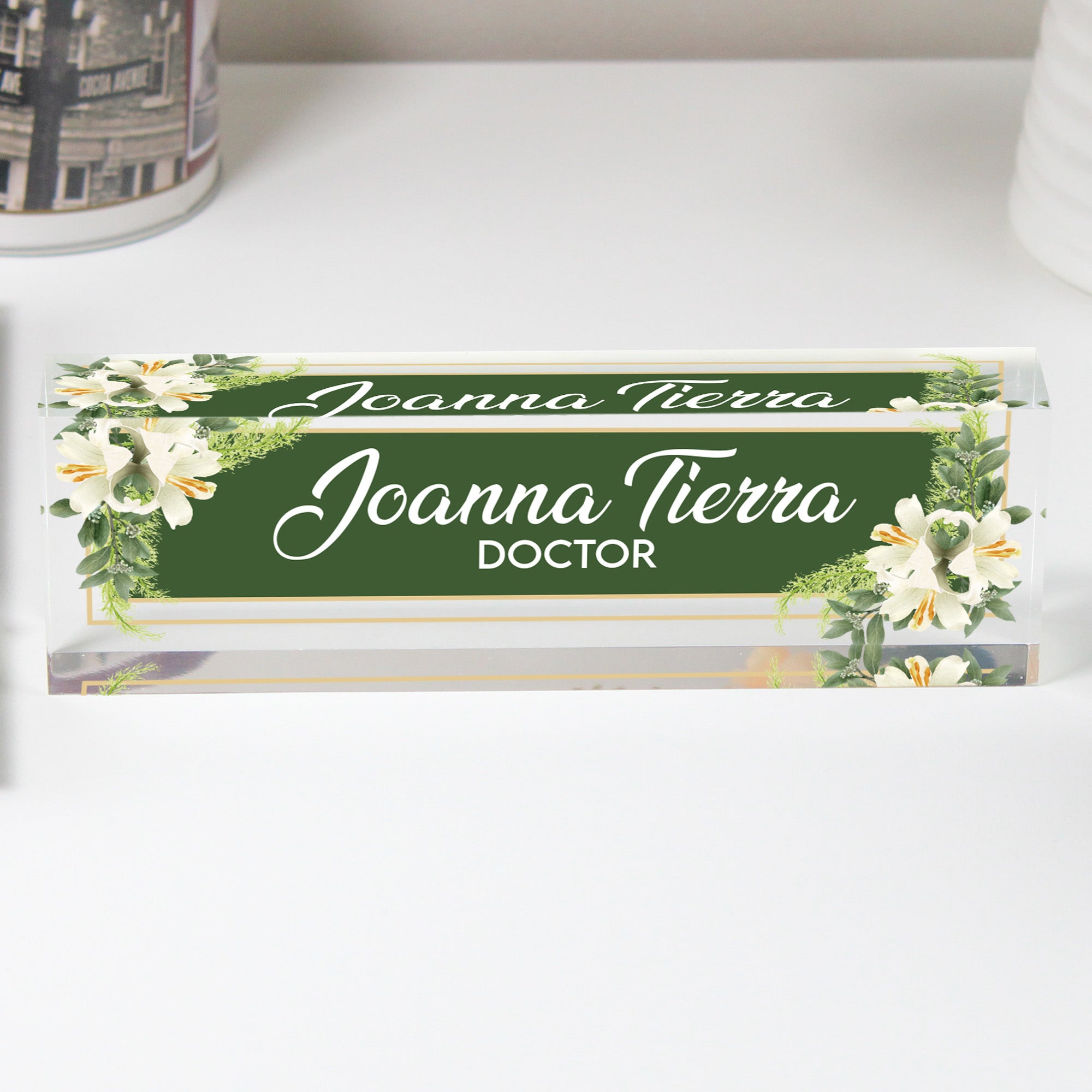 Personalized Acrylic Desk Name Plate with Floral Accents - Customizable Office Decor for Doctors and Professionals - Image 1