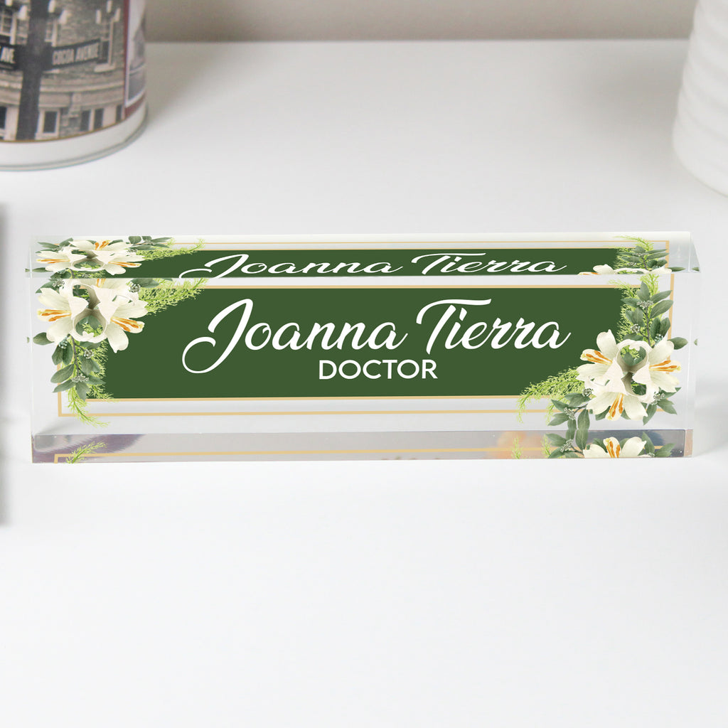 Personalized Acrylic Desk Name Plate with Floral Accents - Customizable Office Decor for Doctors and Professionals - Image 1