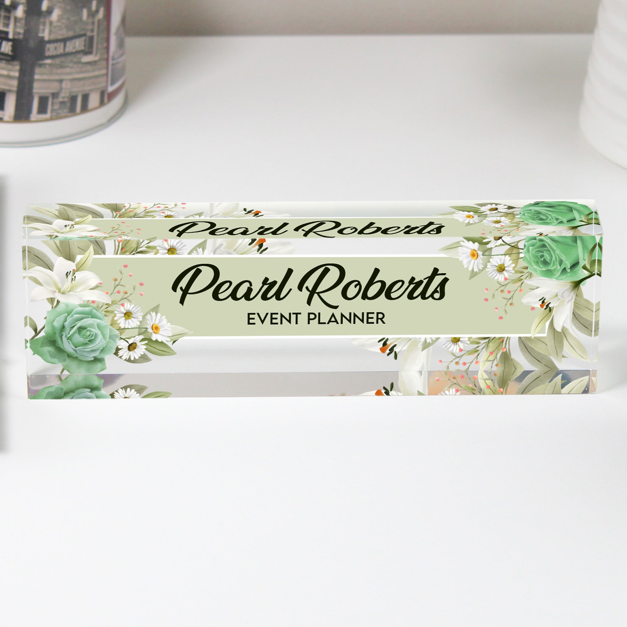 Personalized Floral Acrylic Desk Block for Event Planners - Custom Name Gift with Elegant Floral Design - Image 1