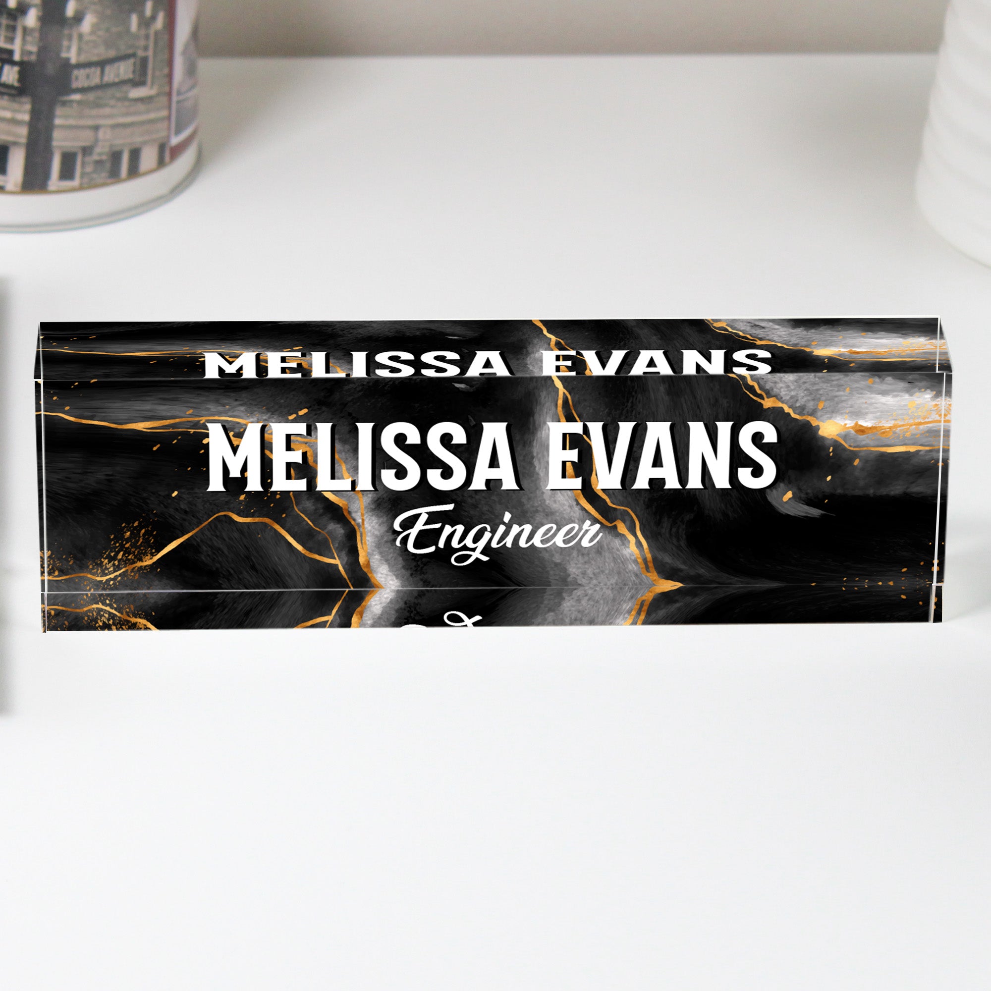 Personalized Acrylic Desk Block for Engineers - Custom Nameplate with Elegant Black Marble Design - Image 1