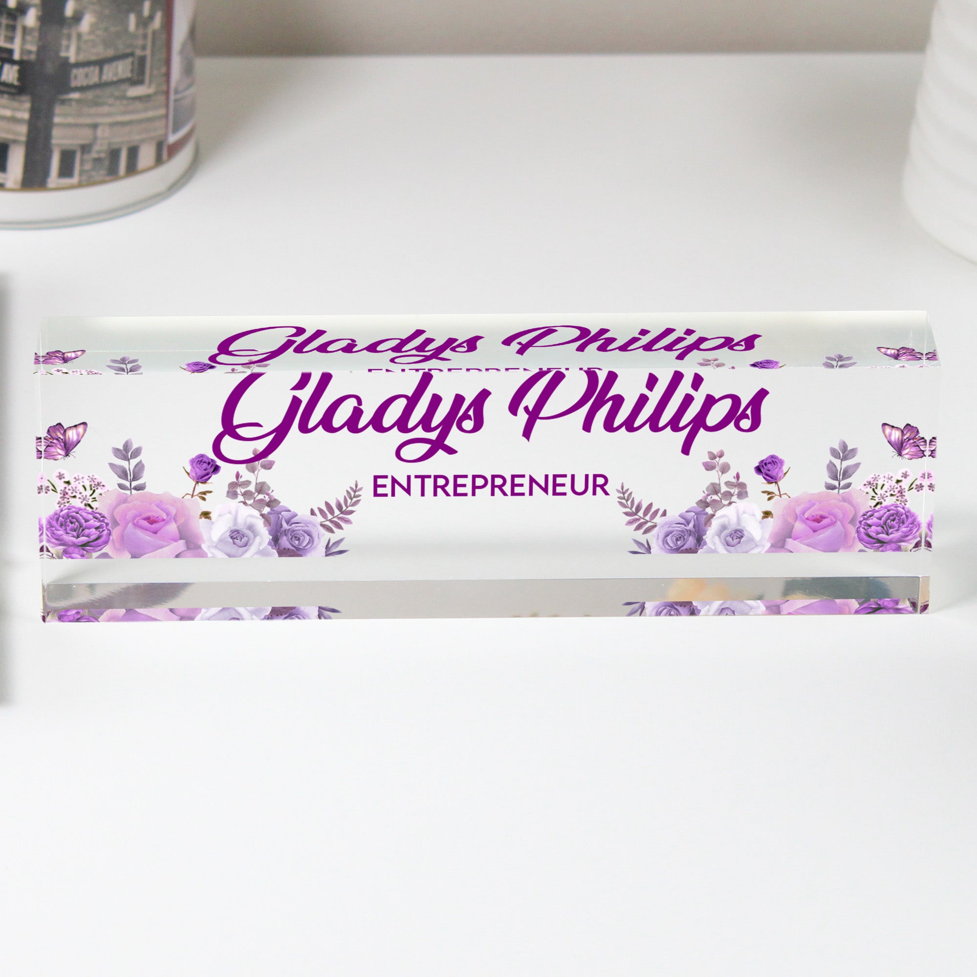 Personalized Floral Acrylic Desk Name Block - Elegant Custom Gift for Entrepreneurs - Image 1