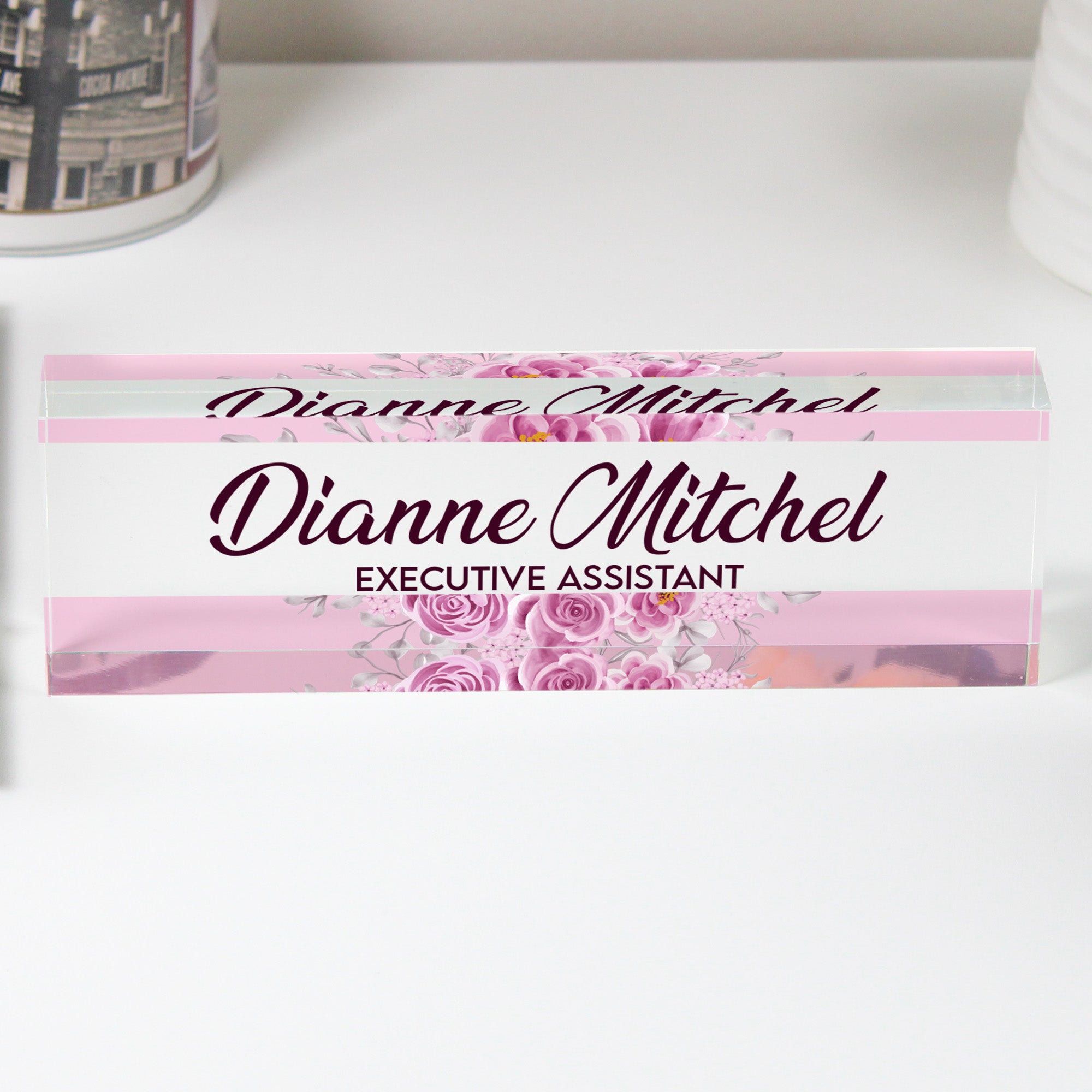 Personalized Executive Assistant Acrylic Desk Block - Elegant Floral Design for Custom Office Decor and Unique Gift Giving - Image 1