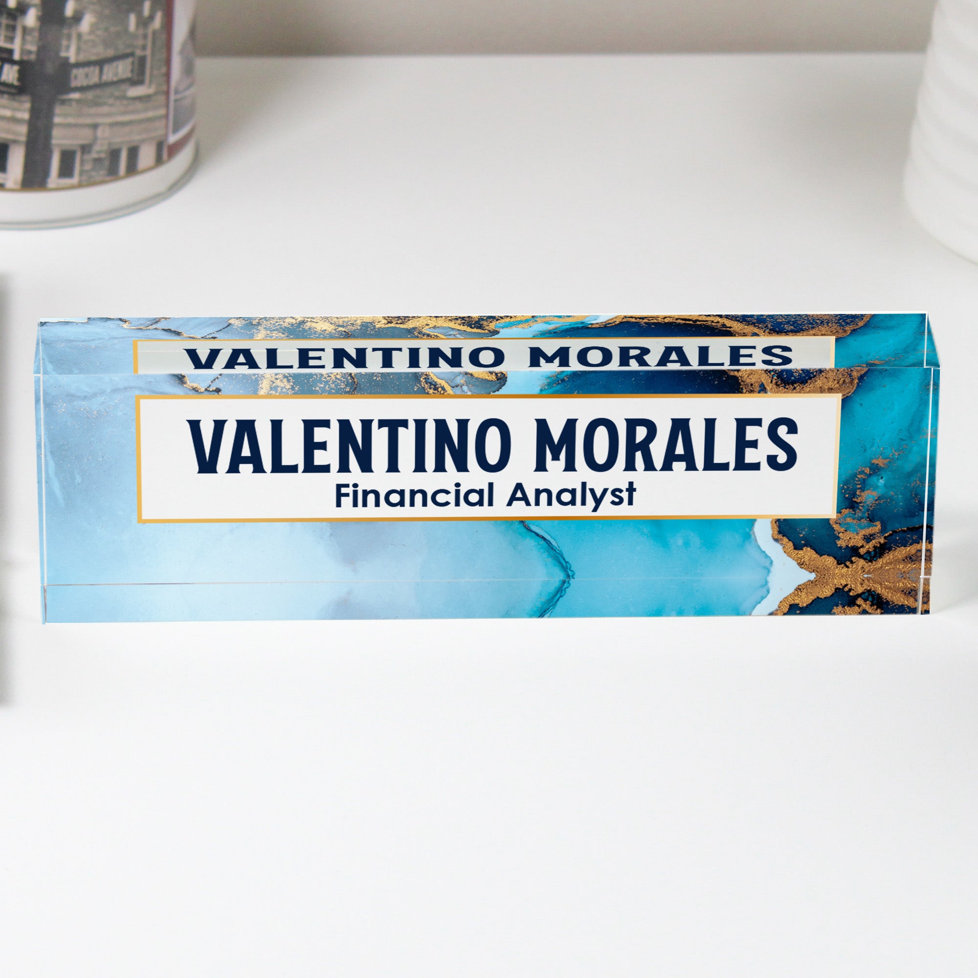 Personalized Acrylic Desk Name Block with Elegant Blue & Gold Design – Ideal Gift for Professionals - Image 1