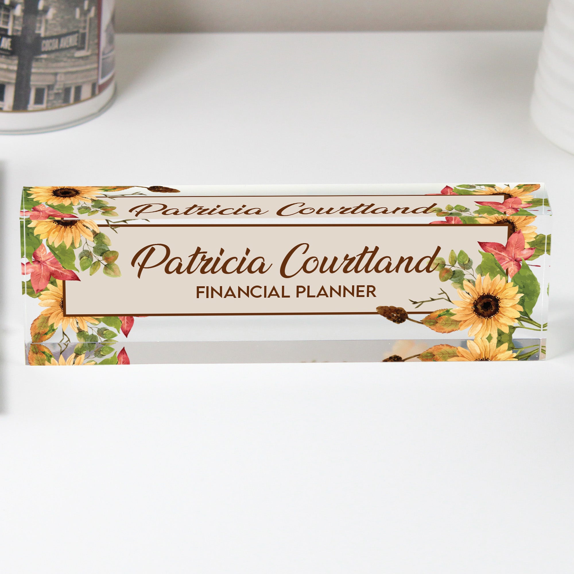 Personalized Floral Acrylic Desk Block - Custom Nameplate for Financial Planners, Handcrafted Gift for Professionals - Image 1