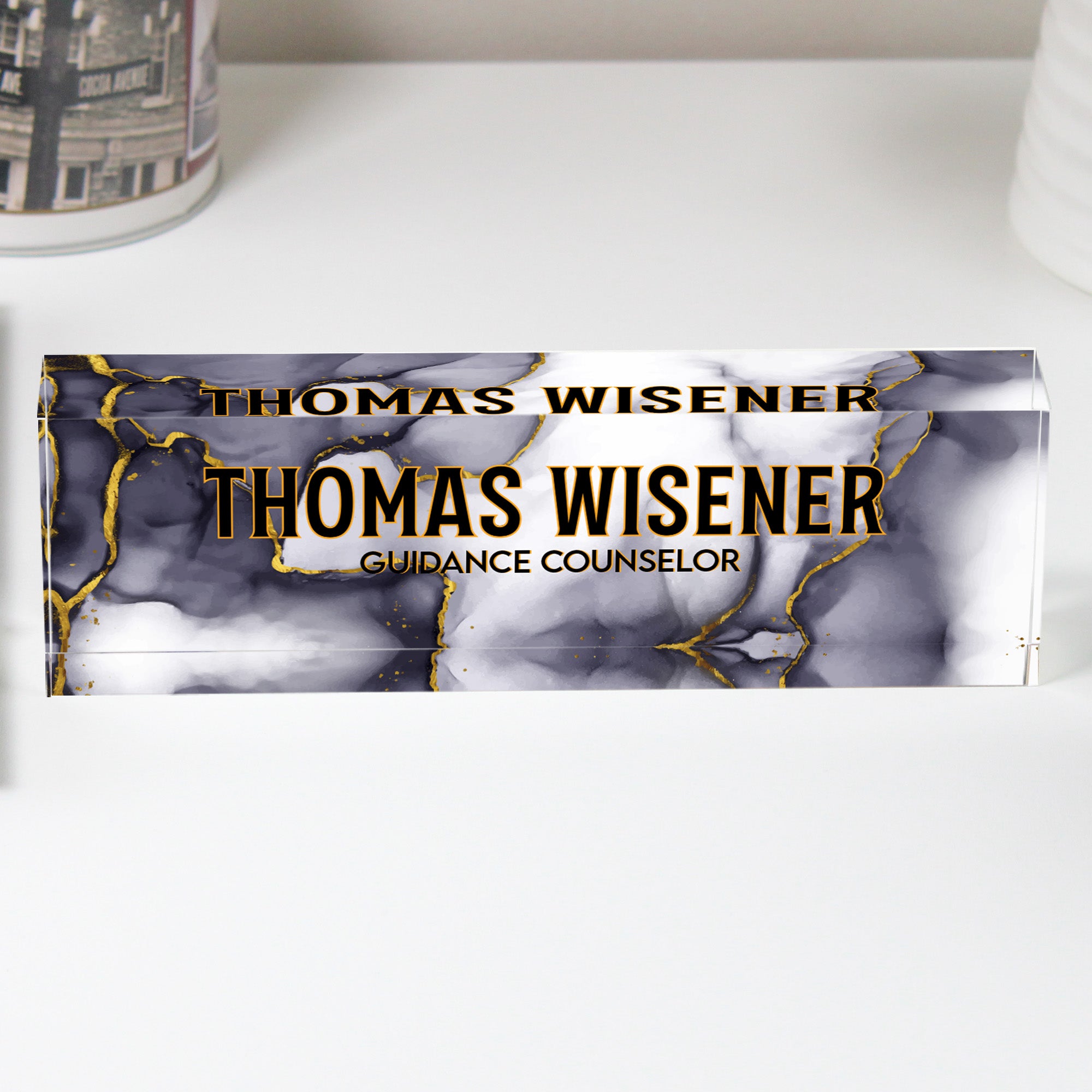 Personalized Marble Acrylic Desk Block with Gold Accents - Custom Nameplate for Guidance Counselors - Image 1