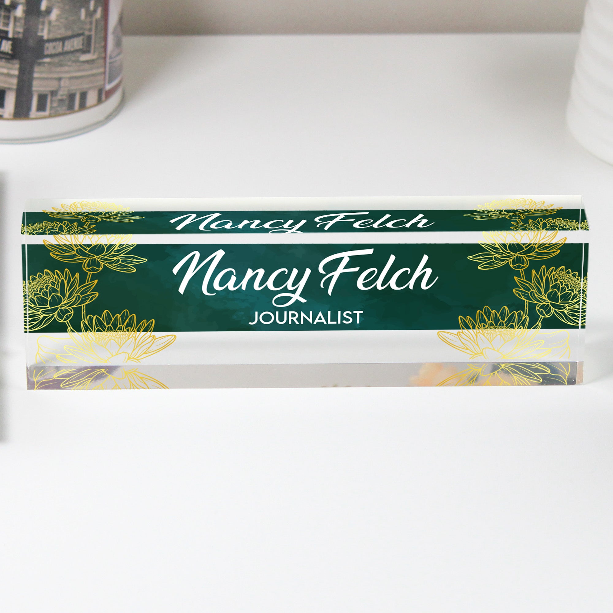 Personalized Acrylic Desk Name Block - Elegant Green Floral Design for Journalists, Writers, and Professionals - Image 1