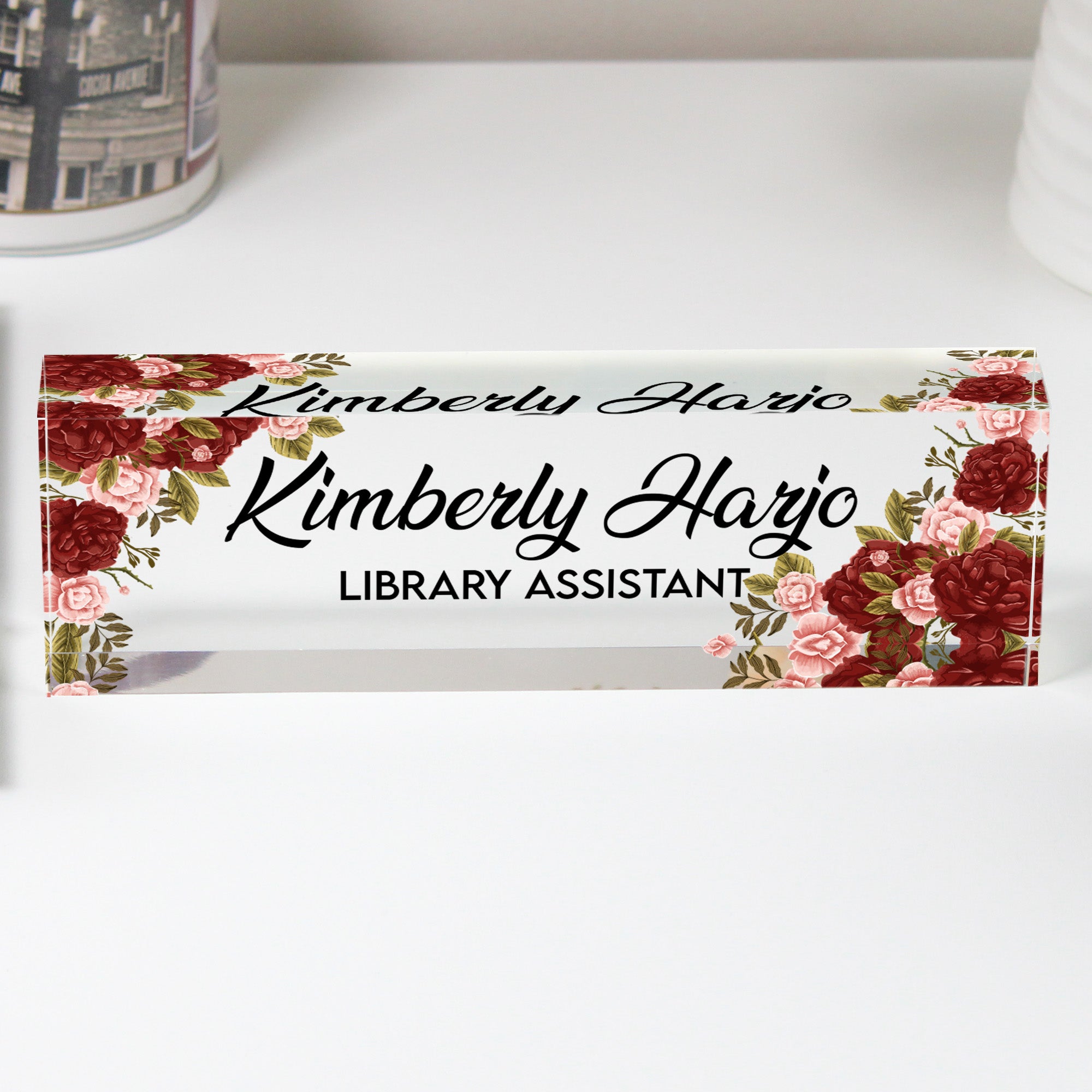 Personalized Floral Acrylic Desk Nameplate - Custom Name Sign for Library Assistants - Elegant Gift for Office Décor - Image 1
