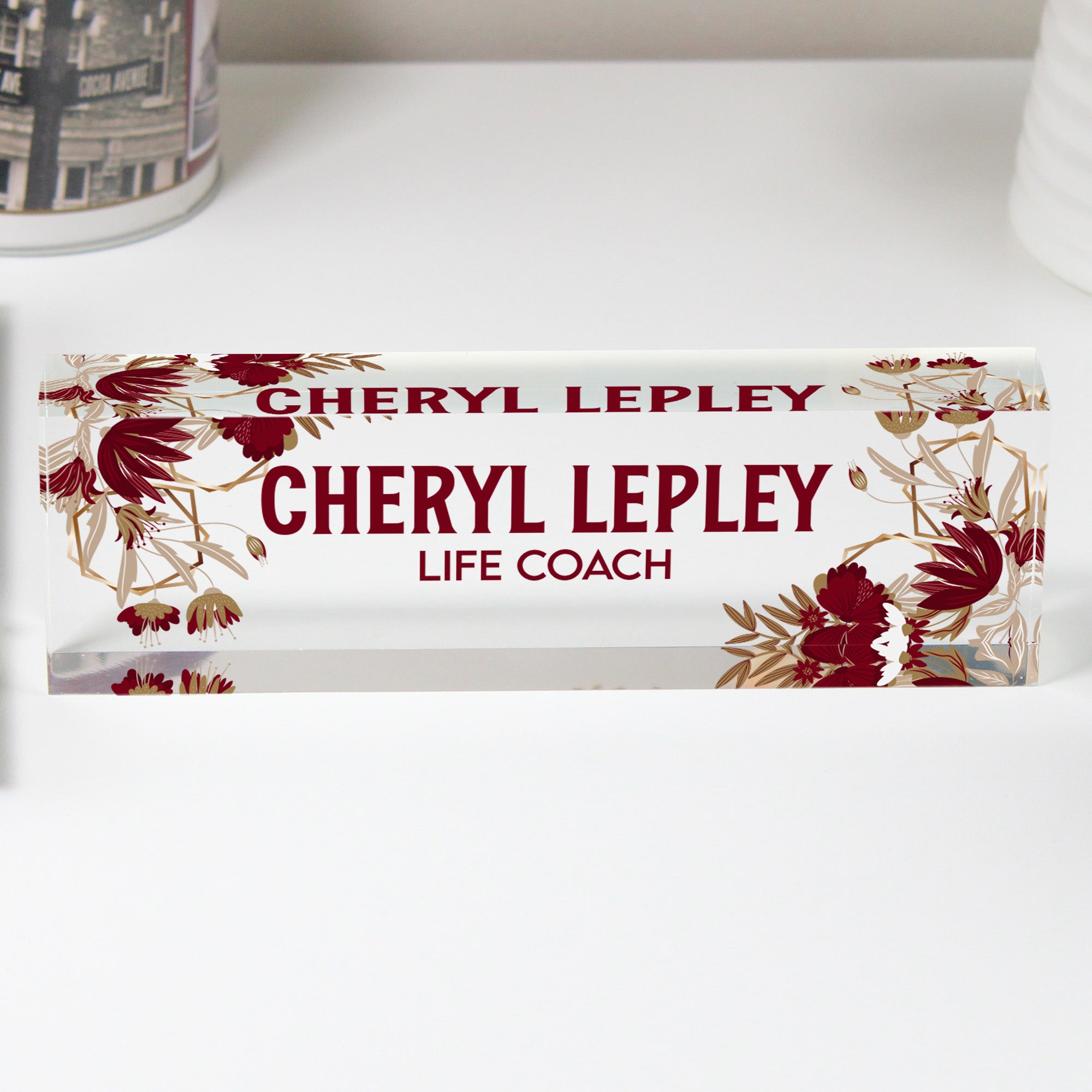 Personalized Floral Acrylic Desk Name Plate - Custom Life Coach Gift, Elegant Office Decor - Image 1
