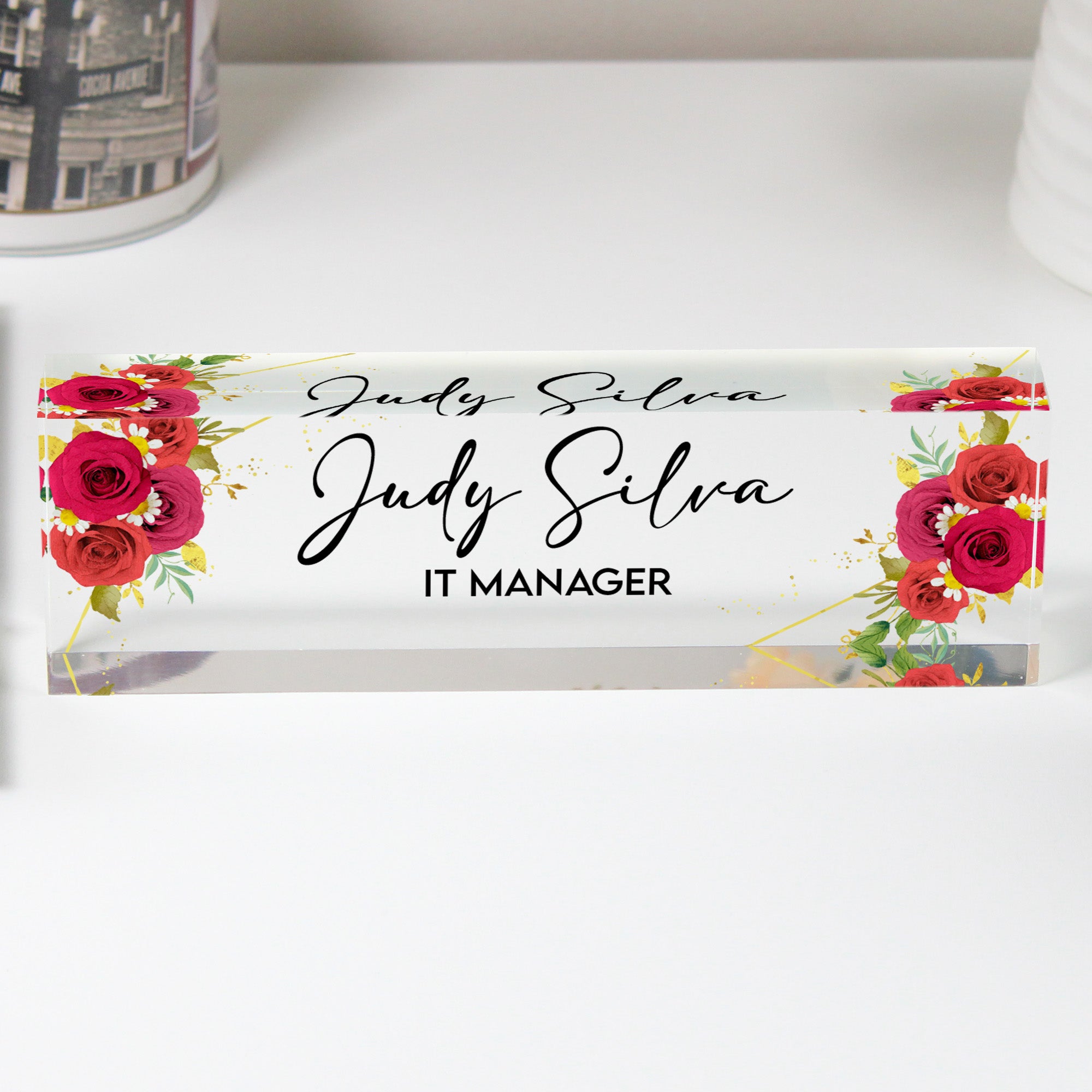 Personalized Acrylic Desk Name Plate with Floral Design - Customizable Office Decor for IT Managers, Perfect Gift for Bosses or Coworkers - Image 1
