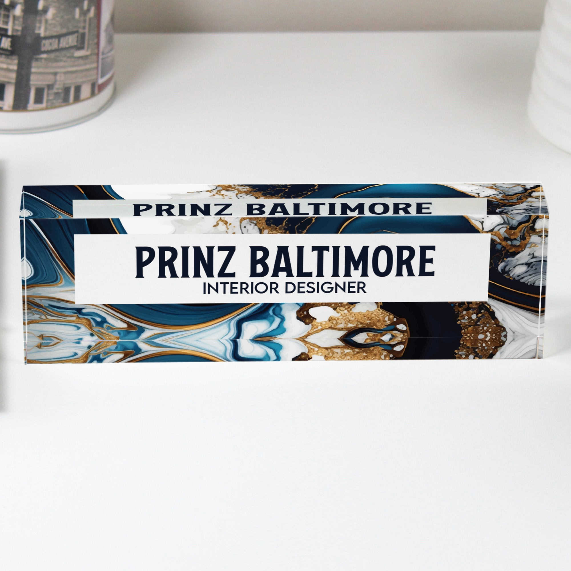 Personalized Acrylic Desk Block for Interior Designers - Elegant Marbled Design - Image 1