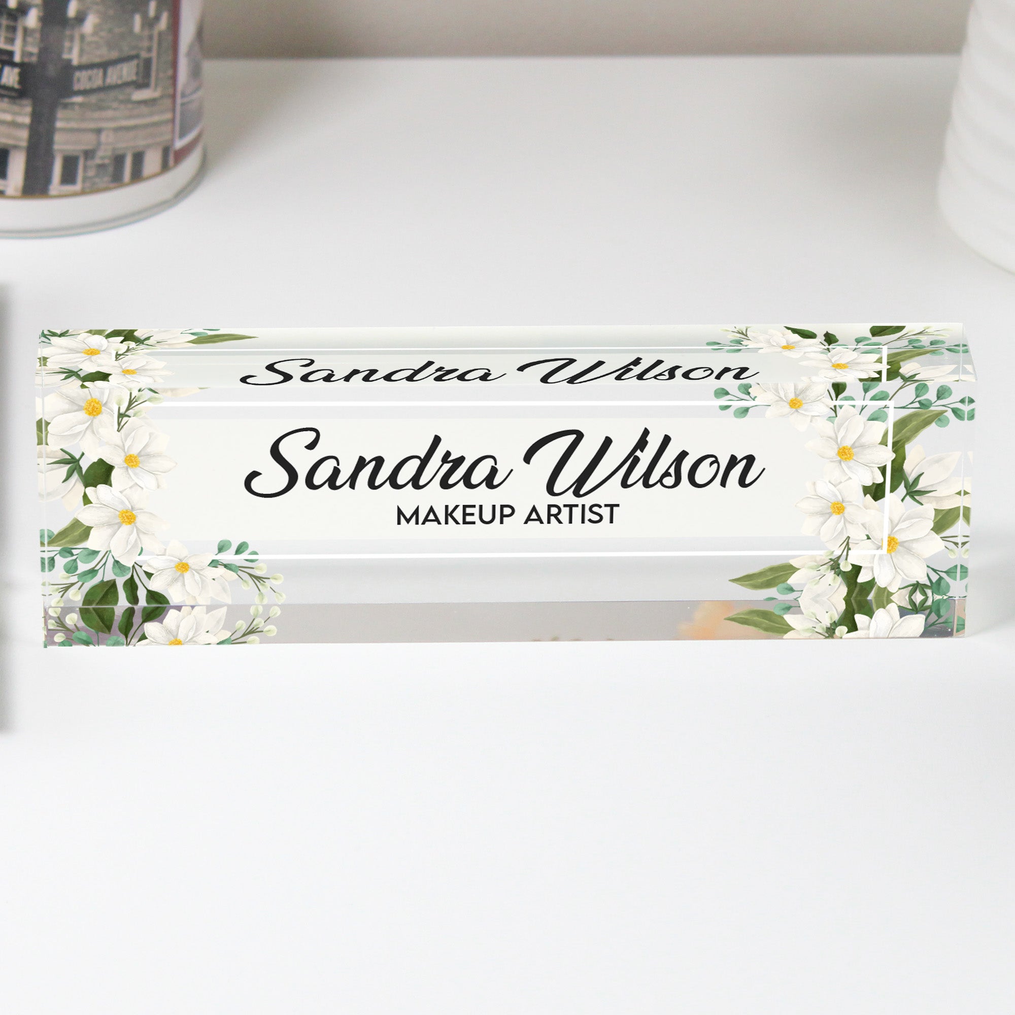 Personalized Floral Acrylic Desk Block for Makeup Artists – Custom Name Decor and Unique Gift Idea - Image 1