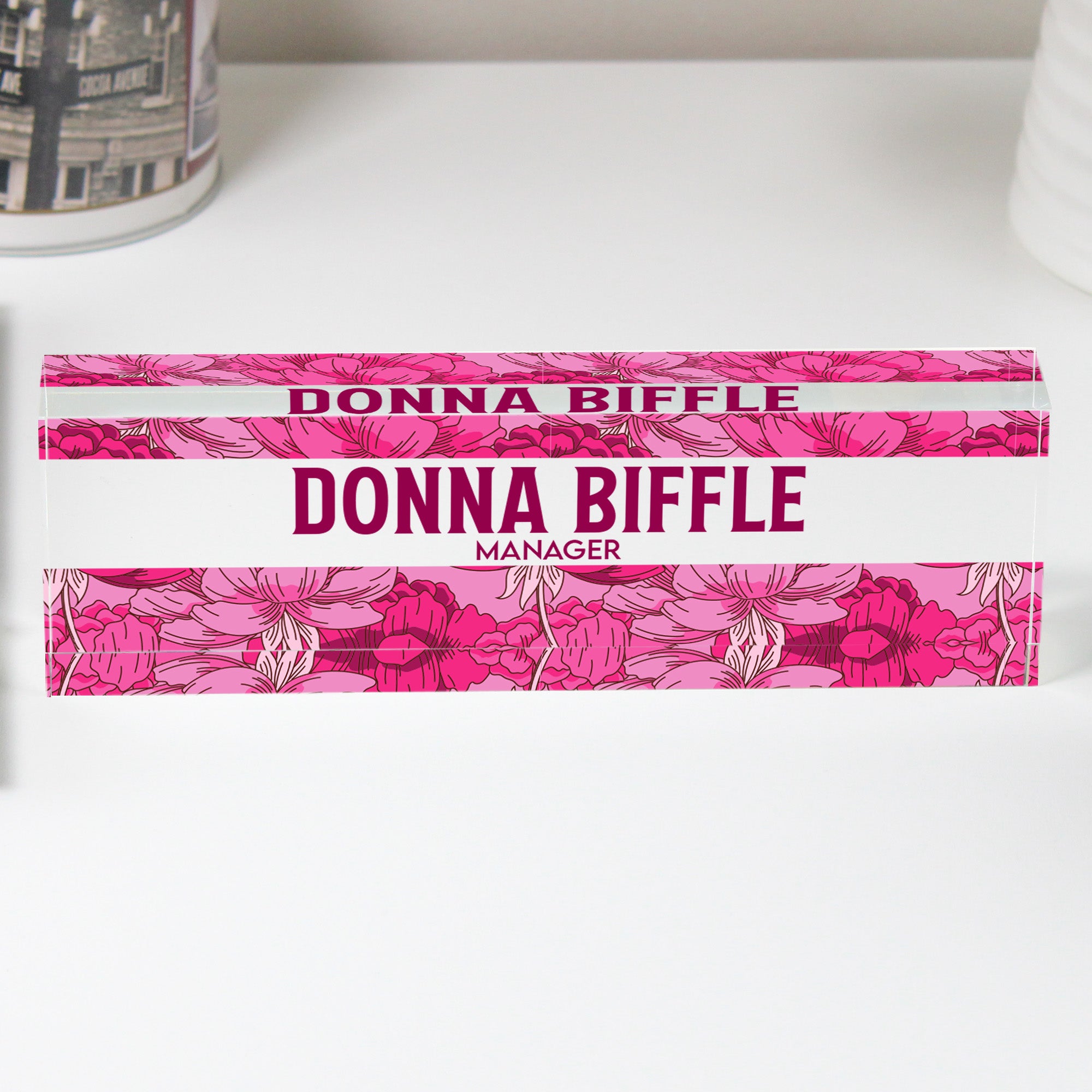 Personalized Floral Acrylic Desk Nameplate - Elegant Manager Gift with Custom Text Options - Image 1