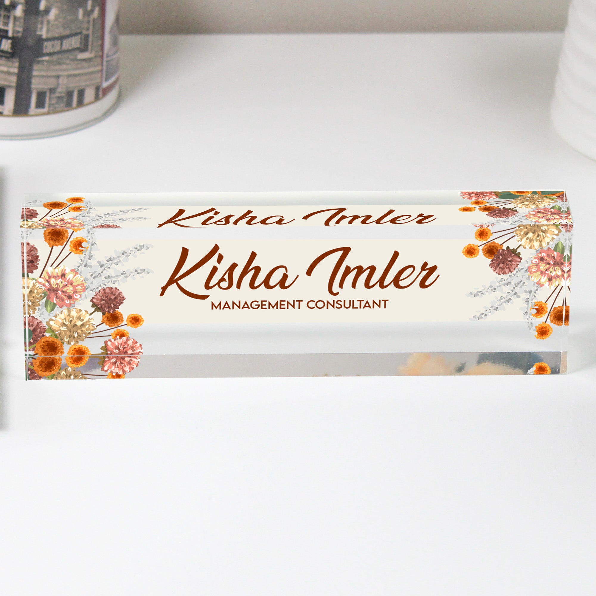 Custom Acrylic Desk Block with Floral Design and Personalization for Management Consultants – Ideal Gift for Professionals - Image 1