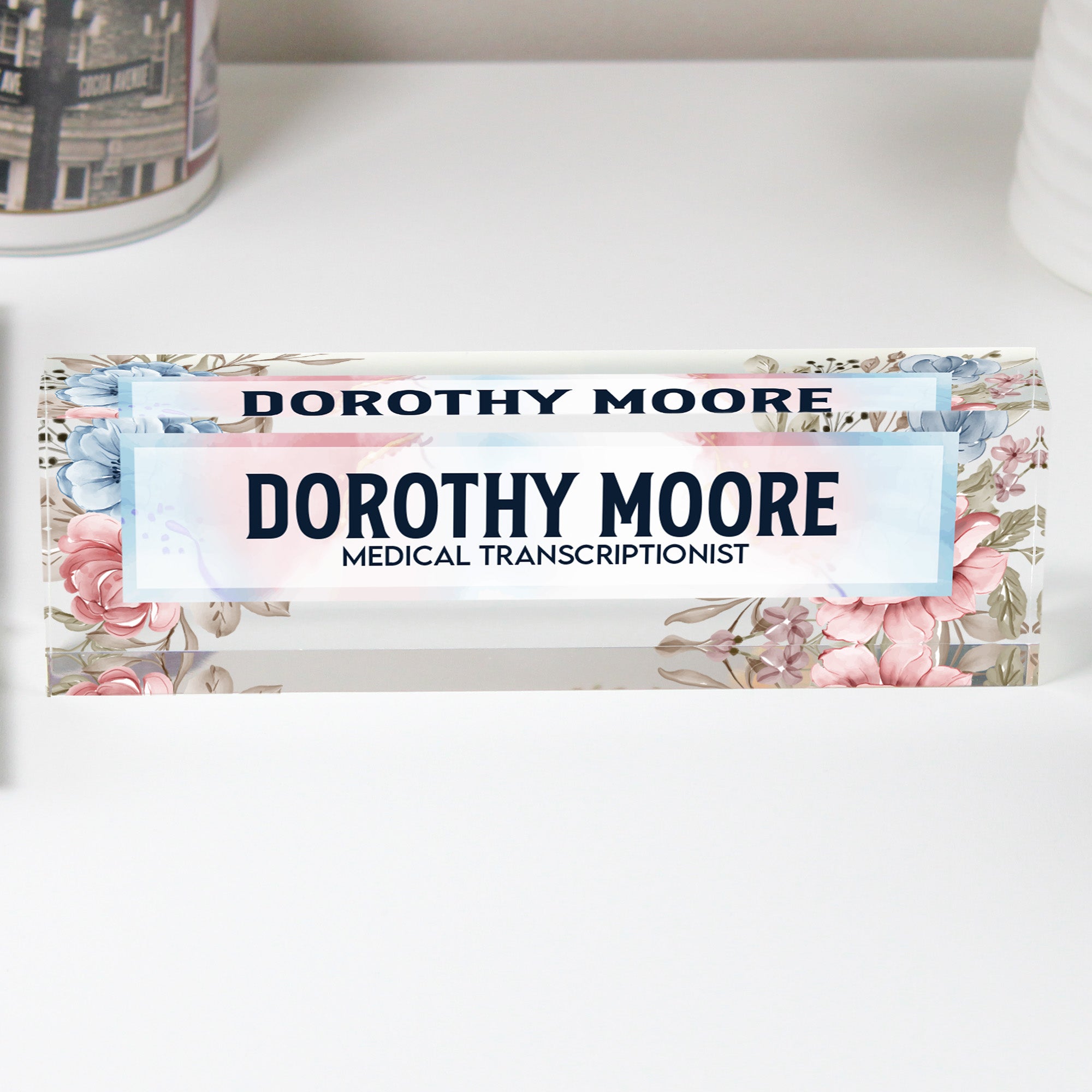 Personalized Floral Acrylic Desk Name Block - Elegant Custom Nameplate for Professionals and Thoughtful Gifts - Image 1