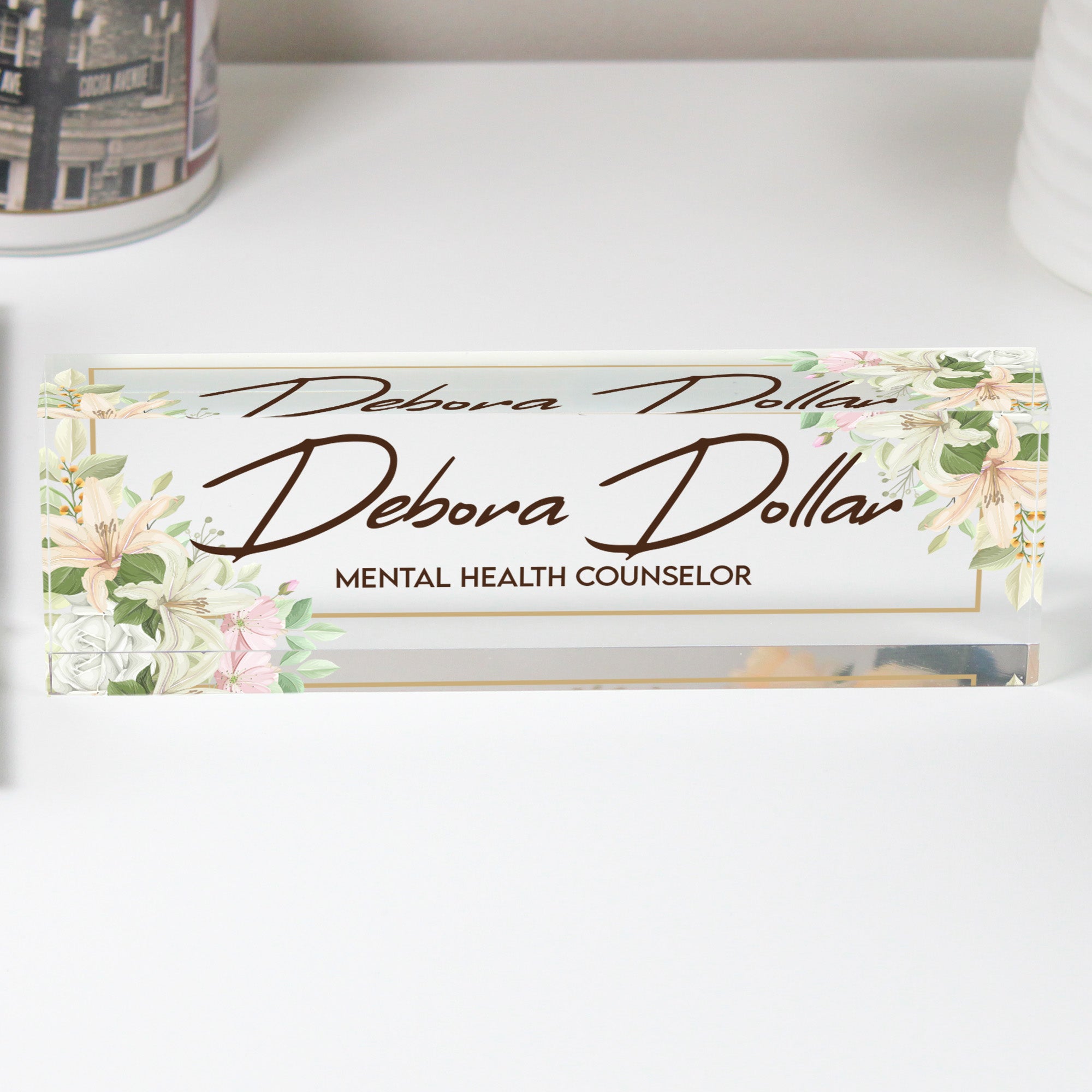 Personalized Acrylic Desk Nameplate with Floral Design - Custom Office Décor for Mental Health Professionals - Image 1