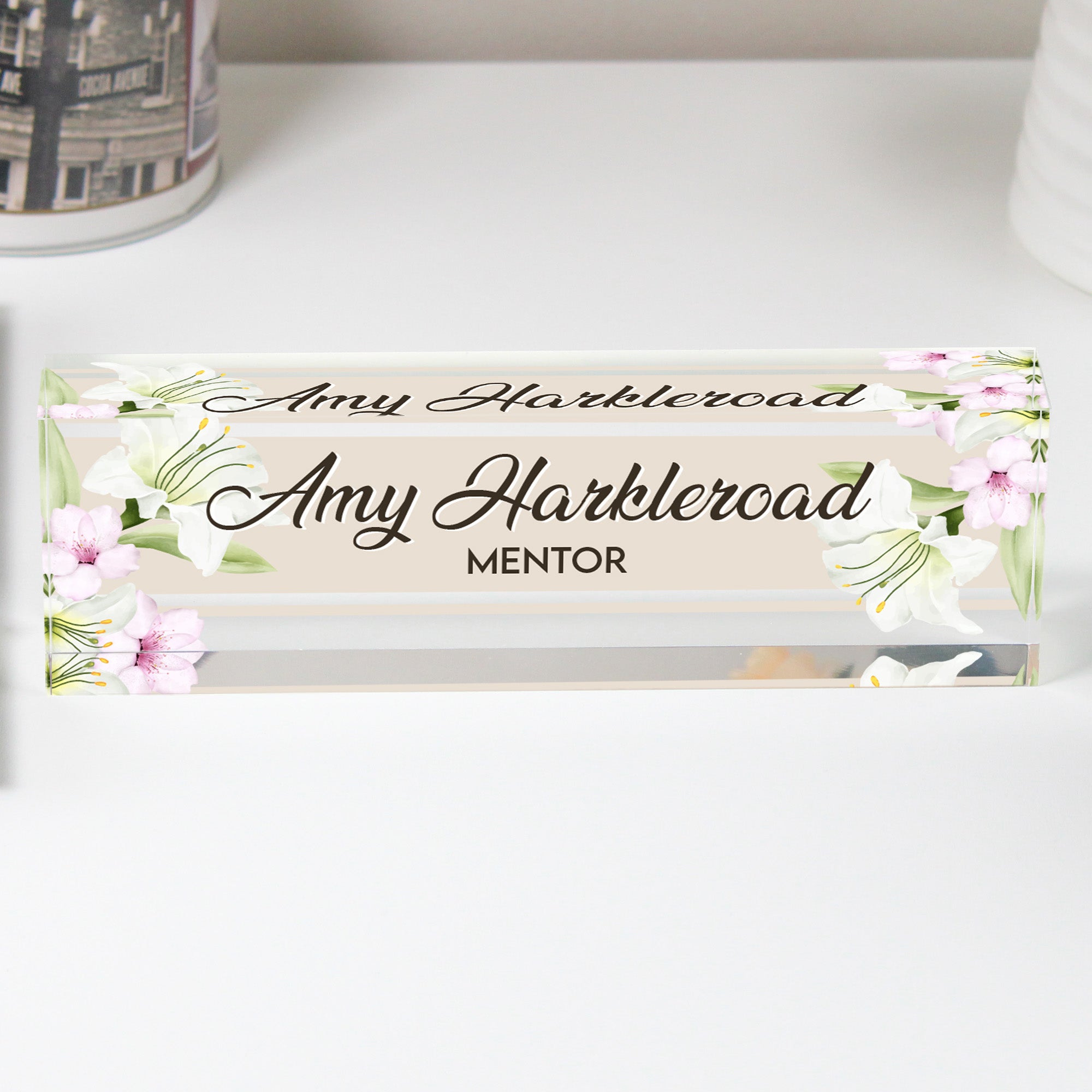 Personalized Floral Acrylic Desk Name Plate - Elegant Mentor Gift with Custom Name Engraving - Image 1