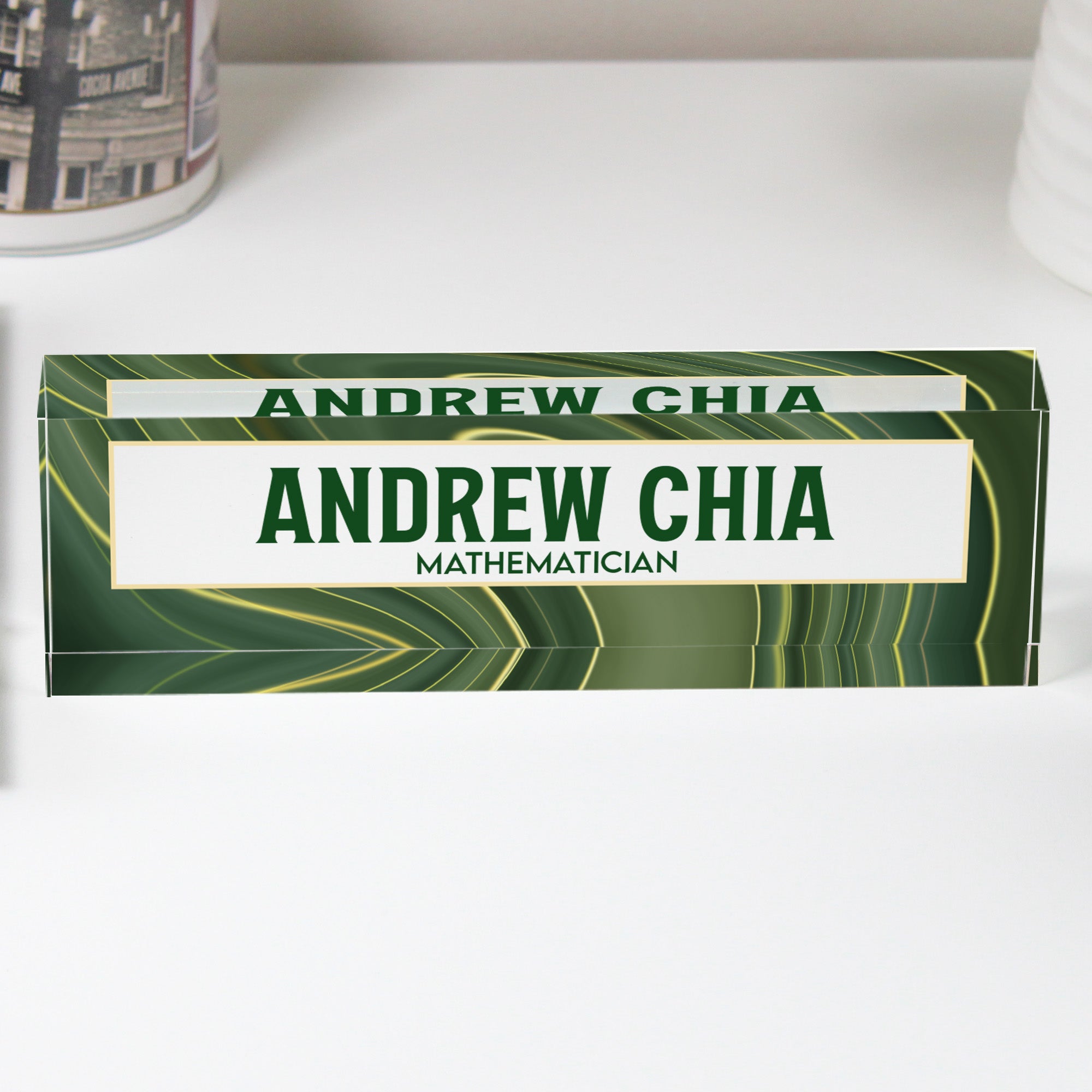 Personalized Acrylic Desk Block - Custom Name and Title Display with Elegant Green Pattern for Mathematicians - Image 1