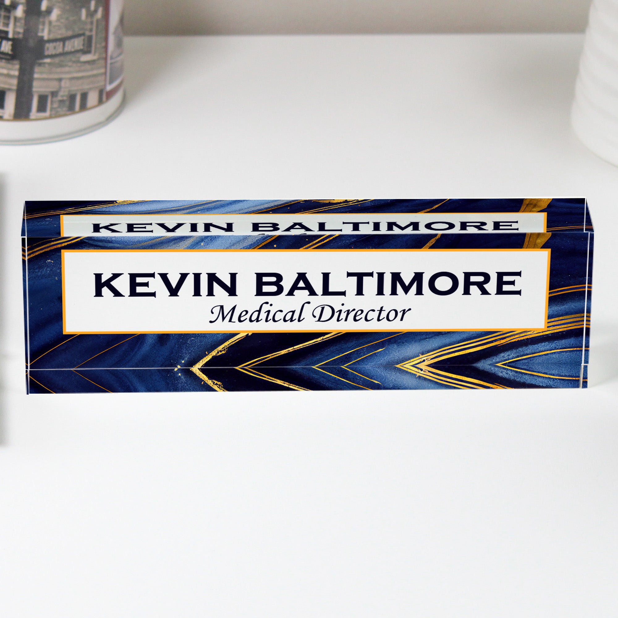 Personalized Acrylic Desk Block with Elegant Blue and Gold Design - Perfect Custom Gift for Professionals and Executives - Image 1