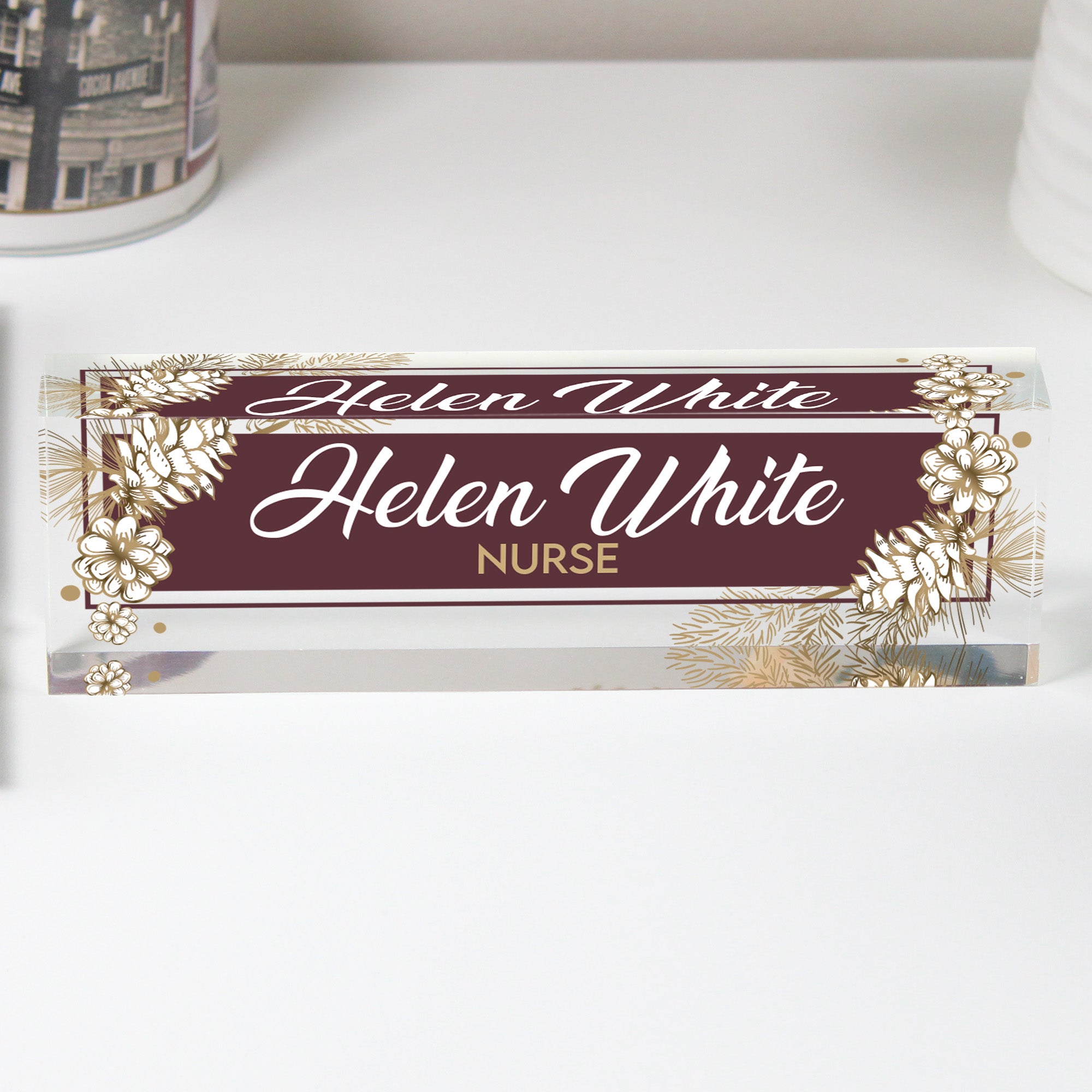 Personalized Acrylic Desk Block with Elegant Floral Design - Custom Name & Profession Engraving for a Unique Gift - Image 1