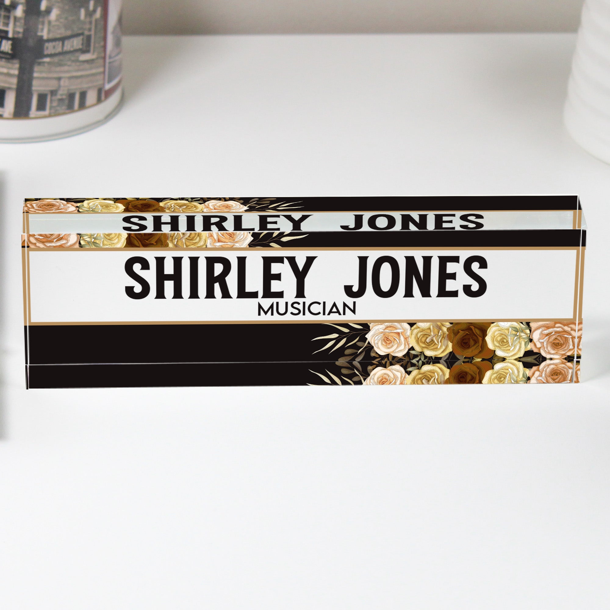 Personalized Acrylic Desk Block with Golden Floral Design - Custom Nameplate for Musicians and Music Lovers - Image 1