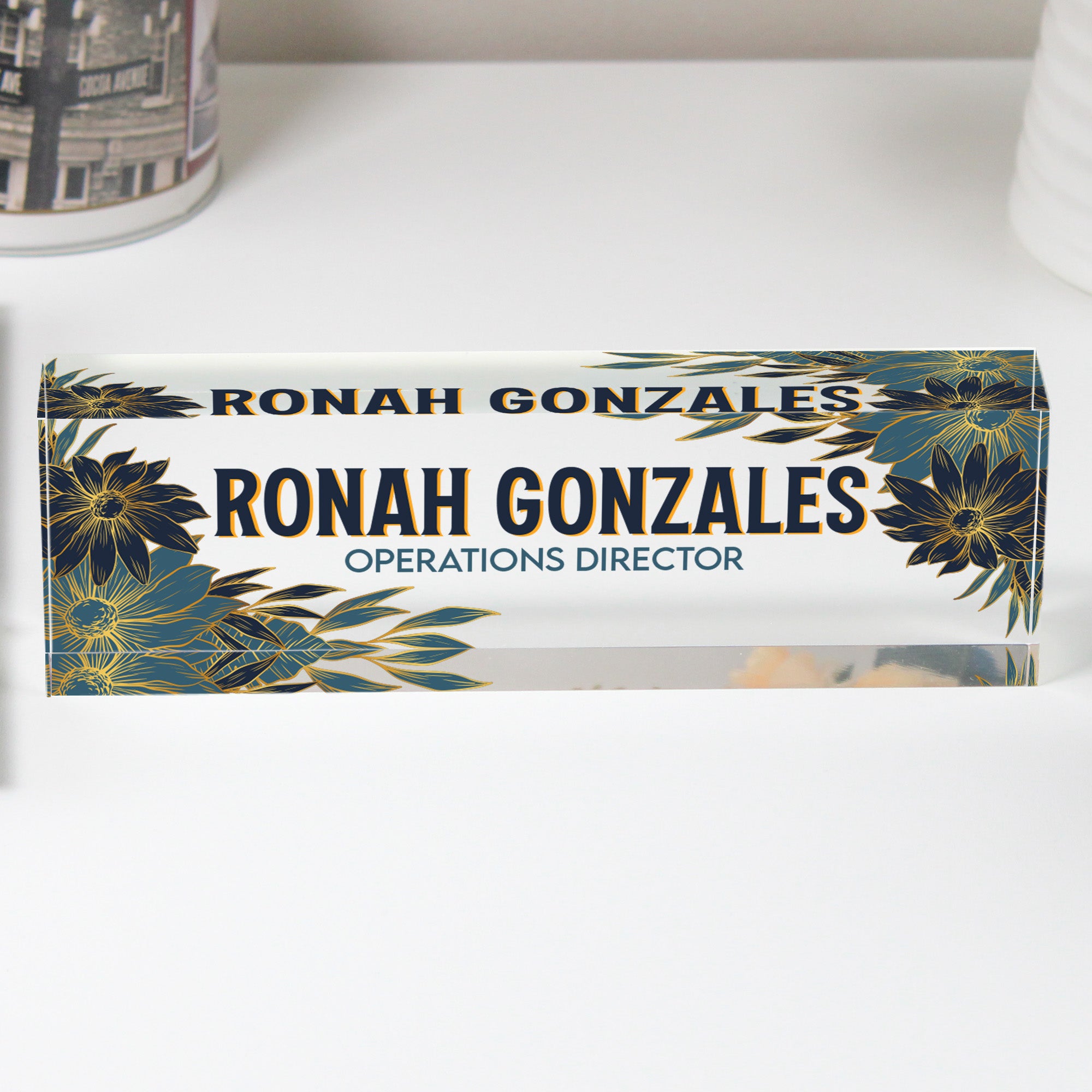 Customizable Acrylic Desk Name Plate with Elegant Floral Design – Perfect Gift for Executives and Home Offices - Image 1