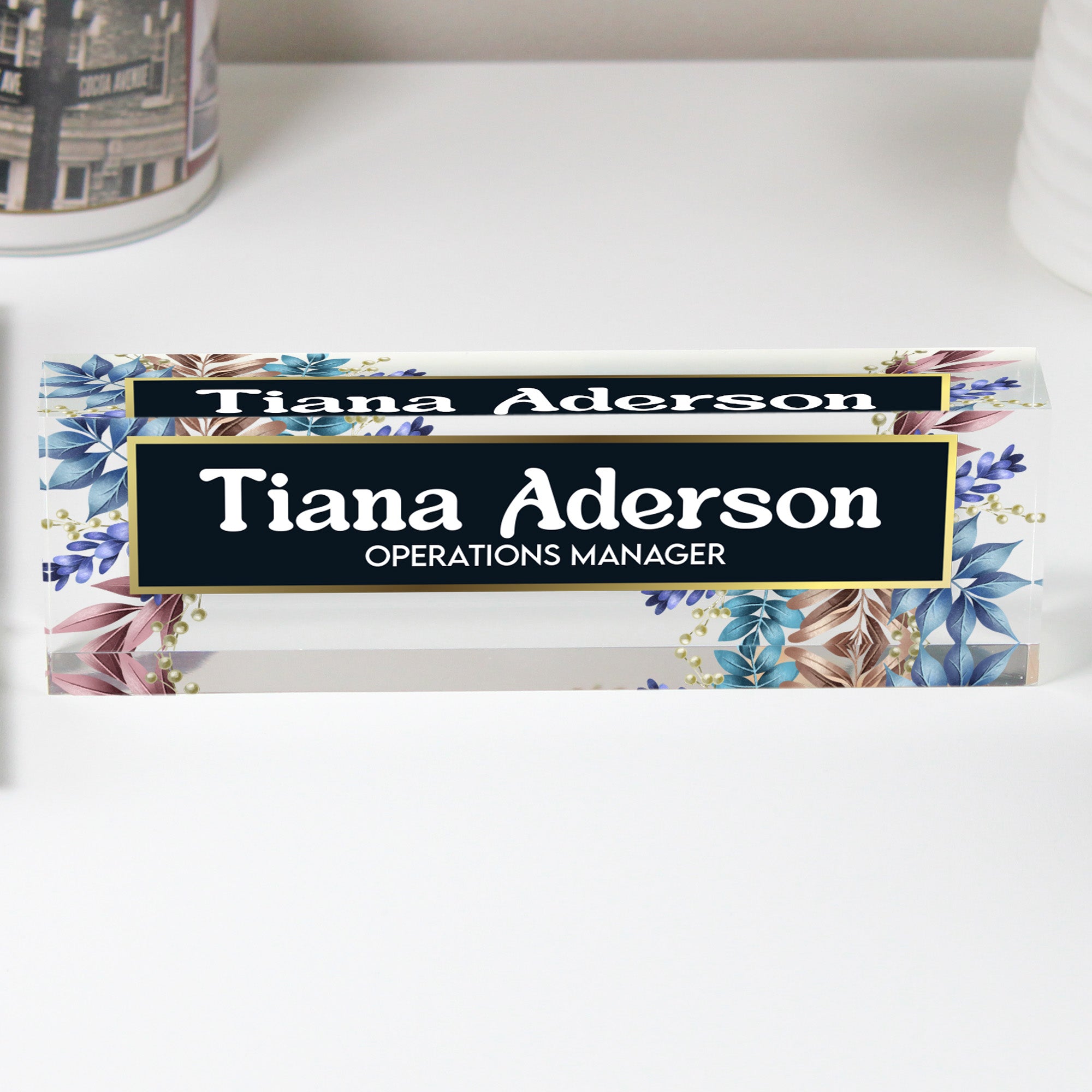 Personalized Floral Acrylic Desk Name Block - Customizable Office Decor for Stylish Professionals - Image 1