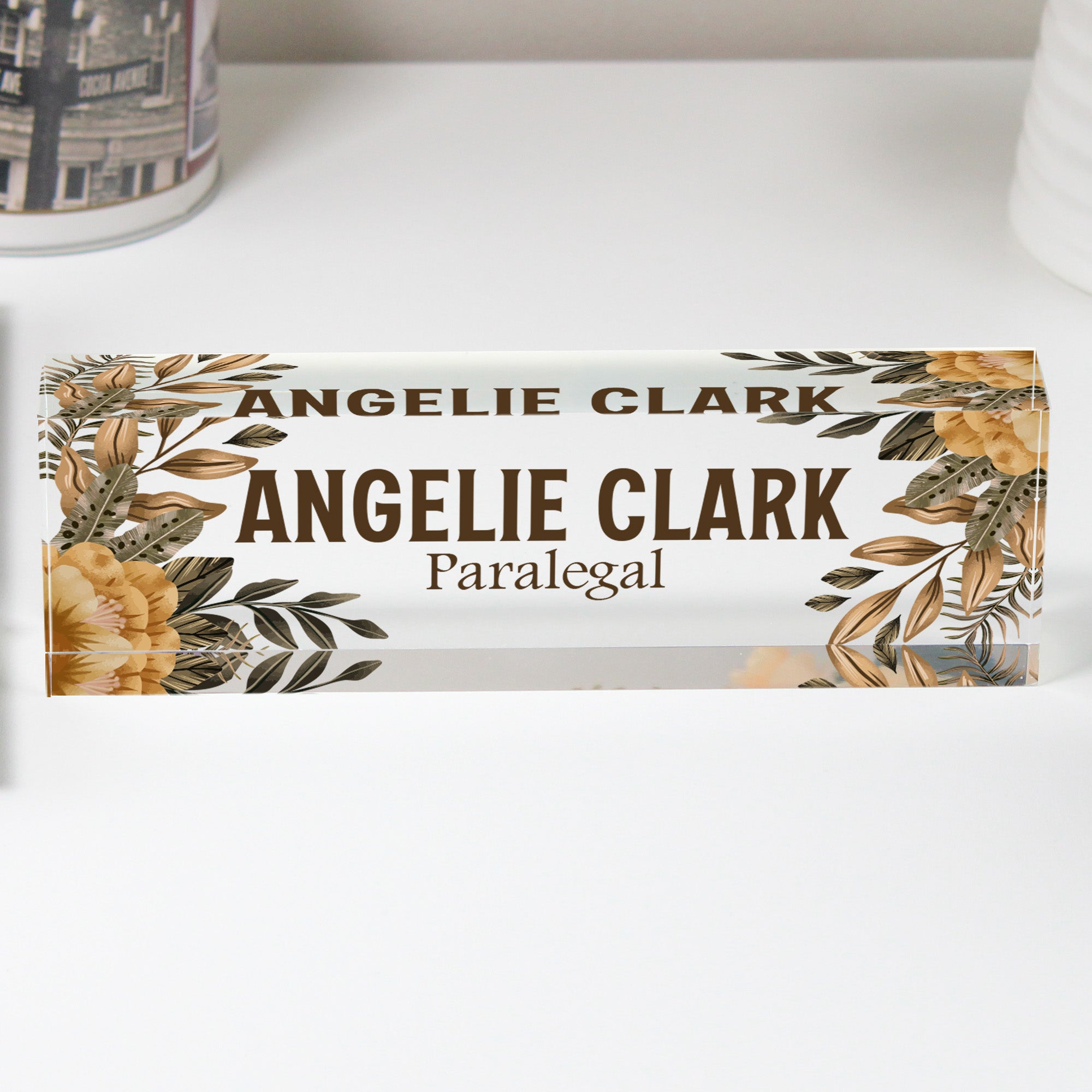 Personalized Floral Acrylic Desk Block Nameplate for Paralegals – Custom Office Decor and Perfect Gift for Legal Professionals - Image 1