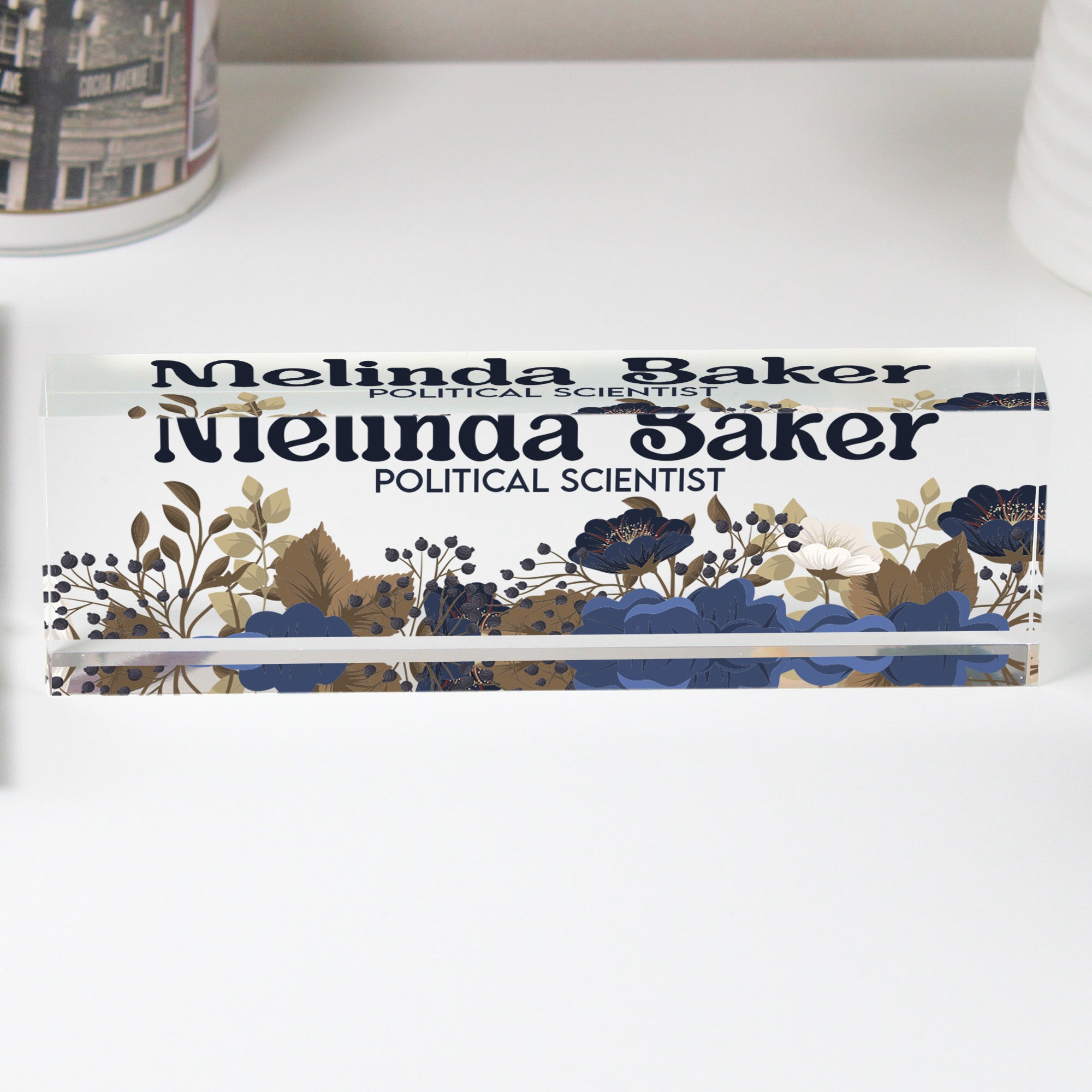 Custom Acrylic Desk Block with Floral Design - Personalized Nameplate for Professionals and Gift-Giving - Image 1