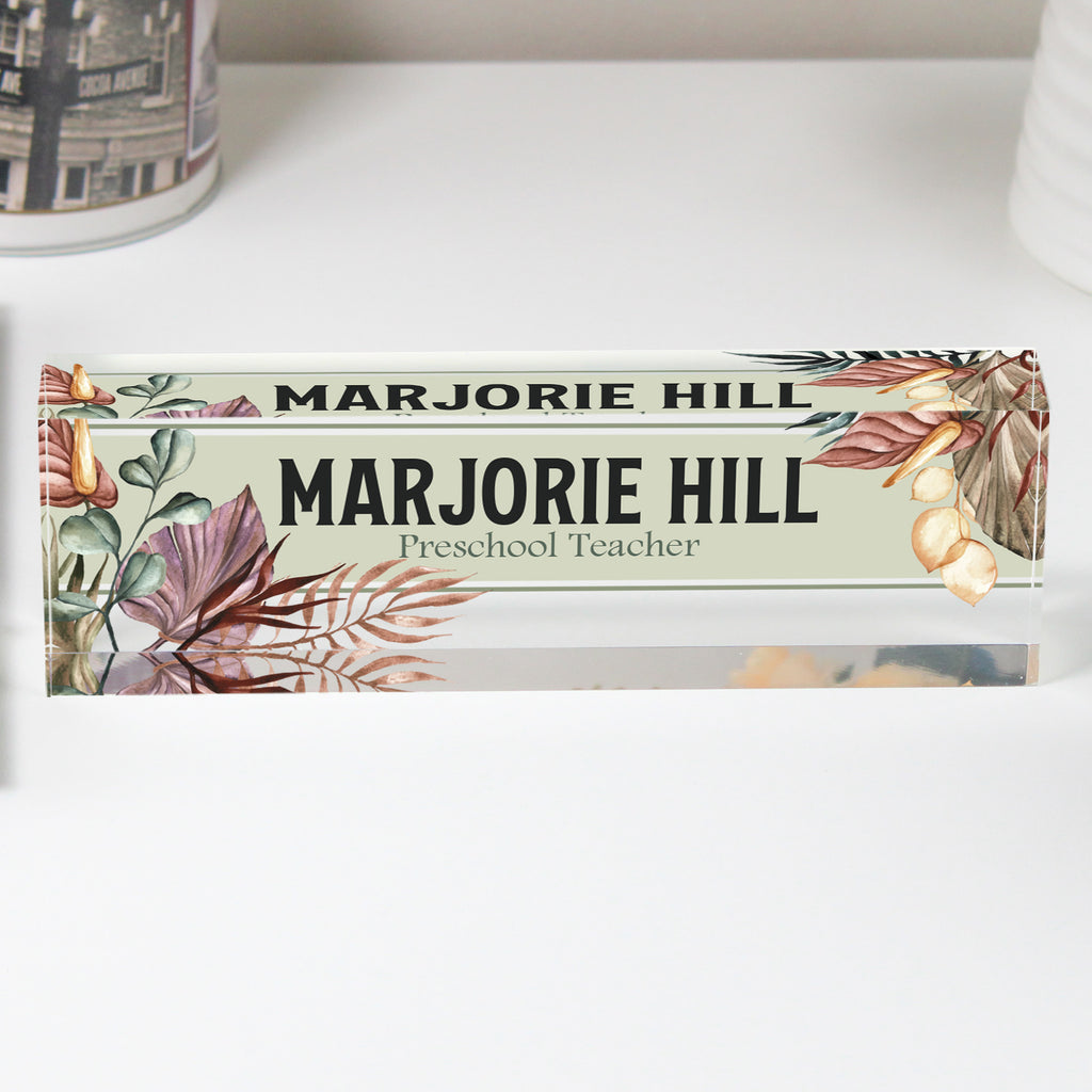 Custom Acrylic Desk Block for Teachers - Personalized Nameplate with Botanical Design - Perfect Gift for Educators - Image 1