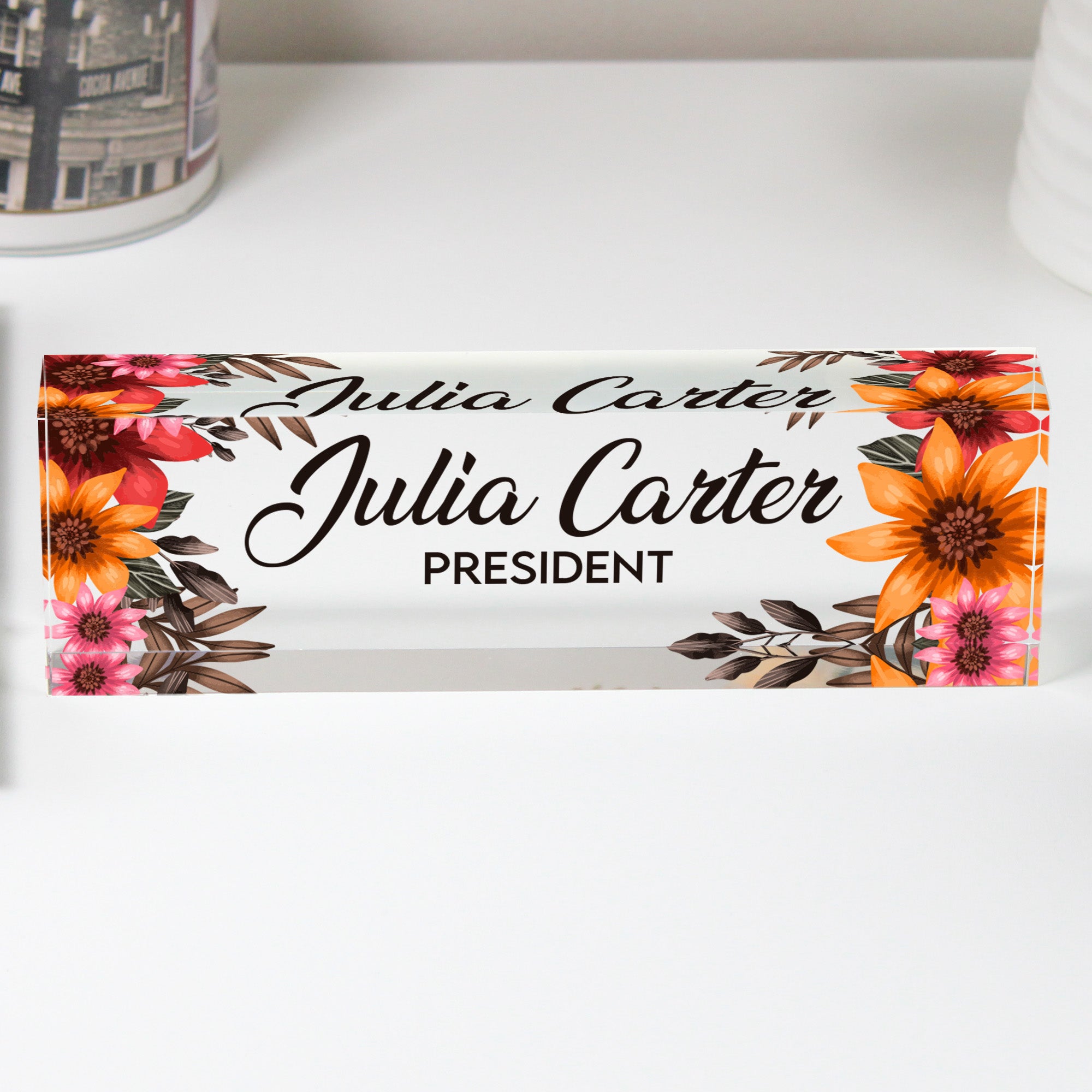 Personalized Floral Acrylic Desk Nameplate - Elegant Custom Name Sign for Office or Gift - Image 1